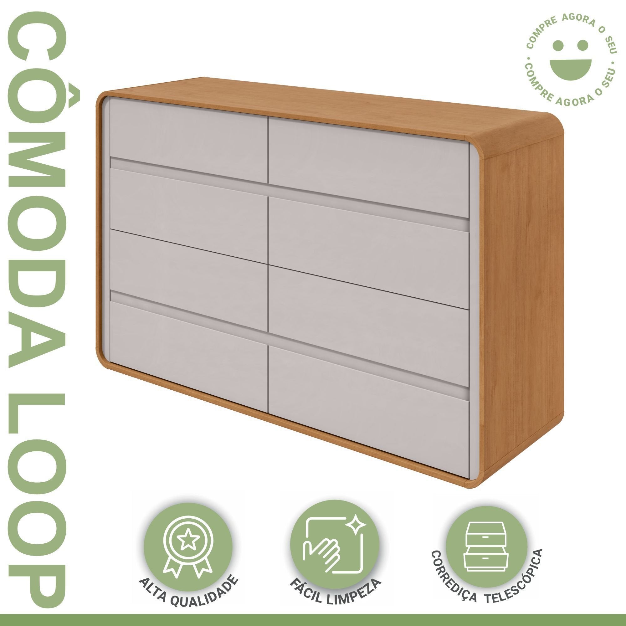 Kit Quarto Infantil com Cama Solteiro Corino e Cômoda 8 Gavetas Loop Móveis Lopas Bege Amêndoa Clean/Off White