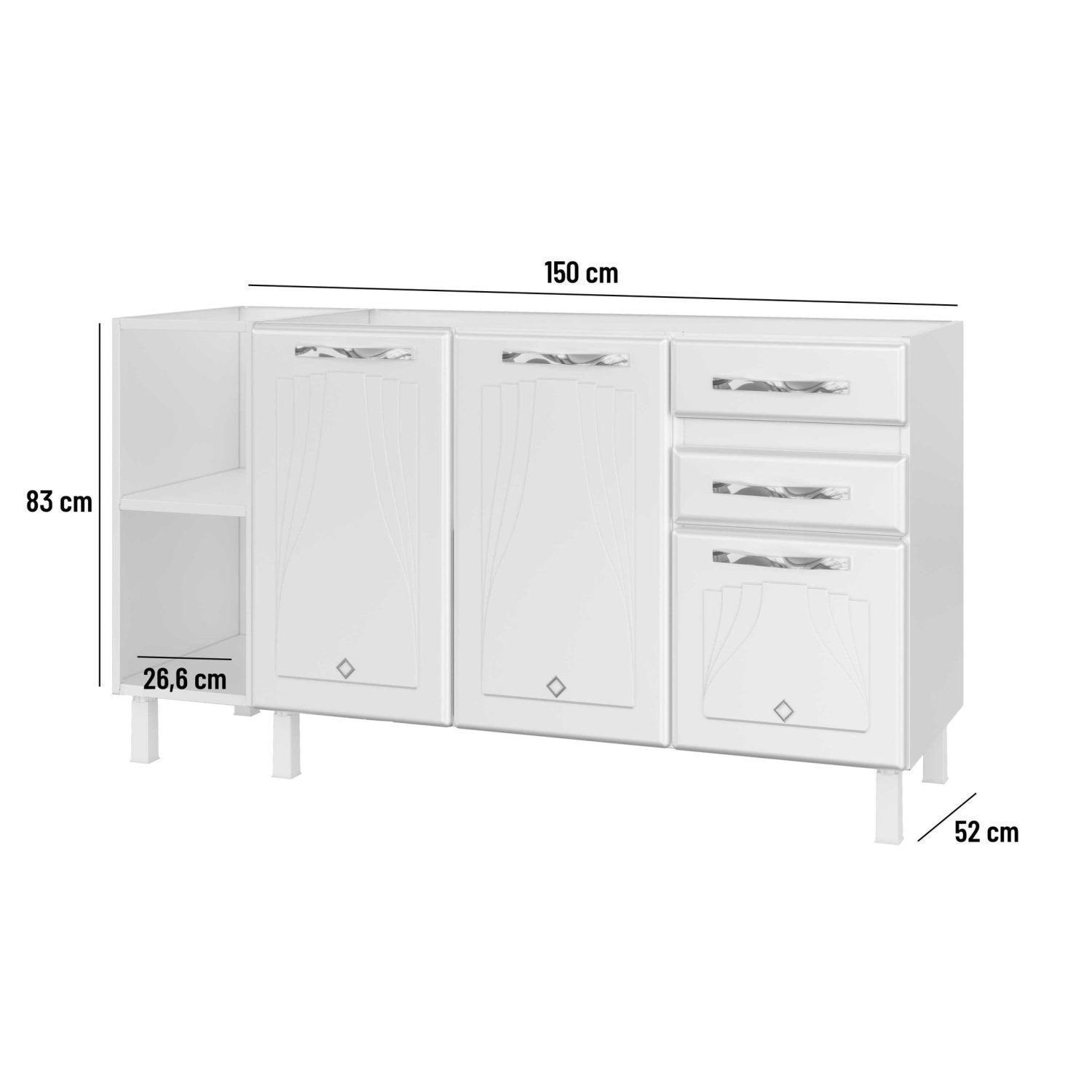 Balcão de Cozinha para Pia em Aço 2 Portas 2 Gavetas com Nichos 150cm Star New Telasul Branco
