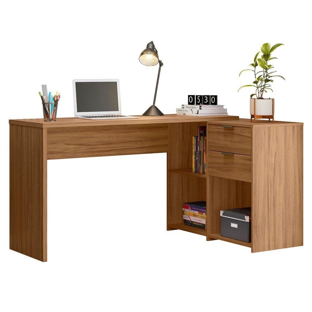 Escrivaninha Mesa Escritório em L Notável Office Tampo Giratório 2 Gavetas 3 Nichos 148,6cm Freijó Trend