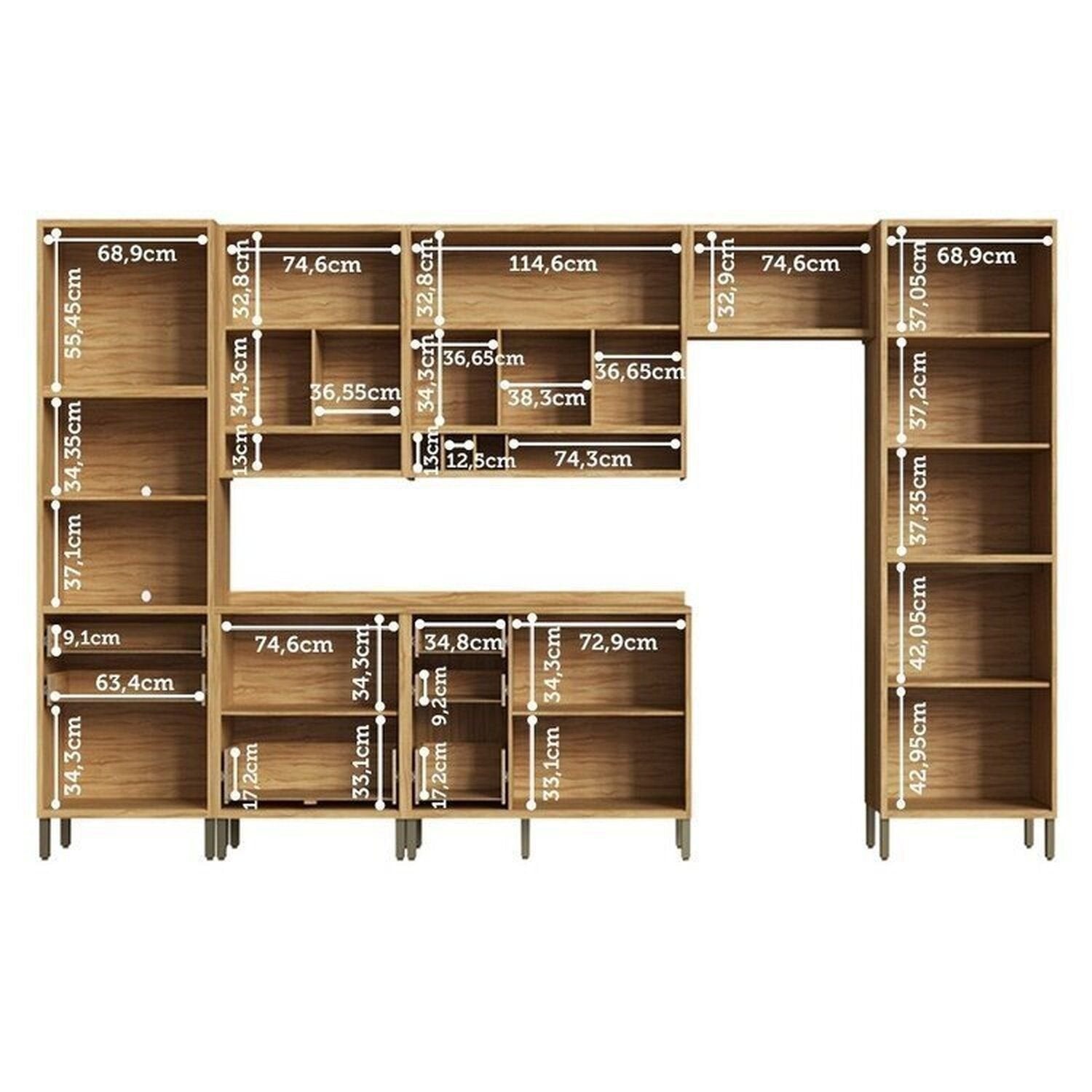Cozinha Completa Modulada 100% MDF 7 Peças 14 Portas 6 Gavetas e Vidro 429cm Vicenza Espresso Móveis Cinza/Amêndoa/Chumbo