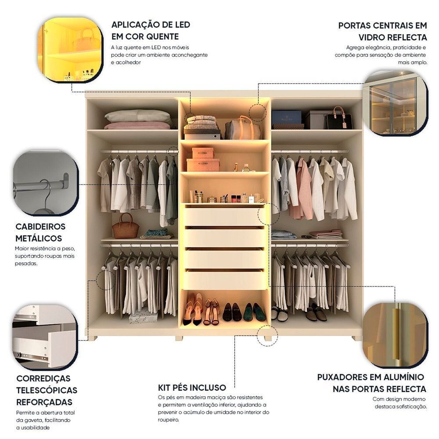 Guarda-Roupa Casal 6 Portas com Pés e LED Absolut New Reflecta 100% MDF Off White Gelius Móveis