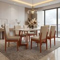 Conjunto Mesa com Vidro Pés Madeira Maciça 6 Cadeiras Madeira Dakota Tecido A40 Marrom Móveis Meneghetti