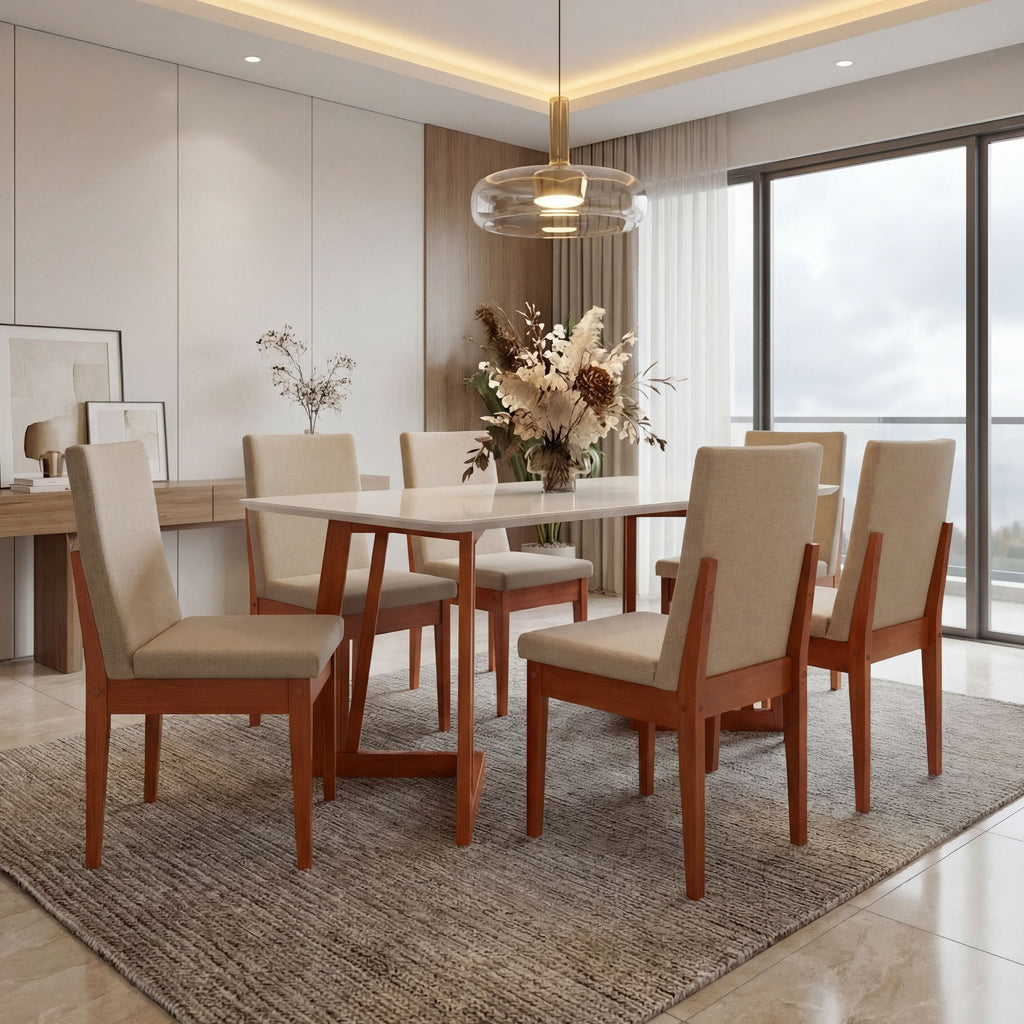 Conjunto Mesa com Vidro Pés Madeira Maciça 6 Cadeiras Madeira Dakota Tecido A40 Marrom Móveis Meneghetti