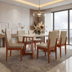 Conjunto Mesa com Vidro Pés Madeira Maciça 6 Cadeiras Madeira Dakota Tecido A40 Marrom Móveis Meneghetti
