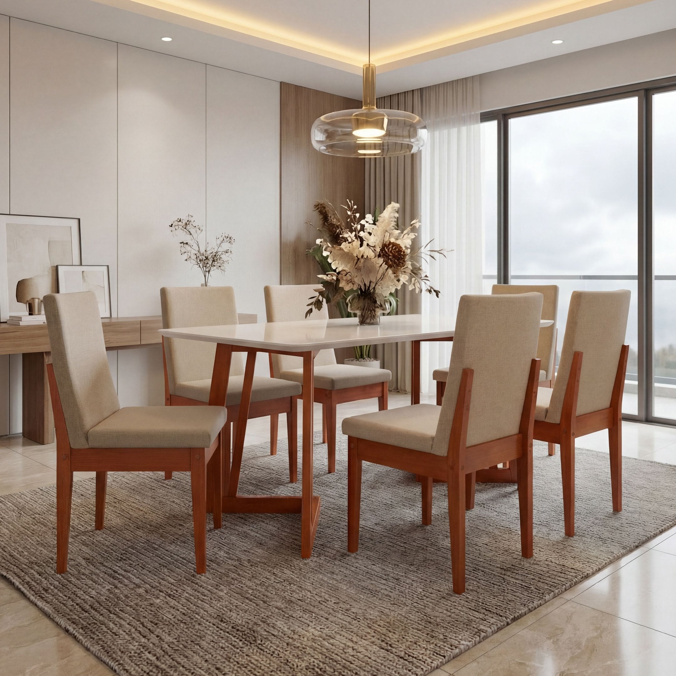 Conjunto Mesa com Vidro Pés Madeira Maciça 6 Cadeiras Madeira Dakota Tecido A40 Marrom Móveis Meneghetti