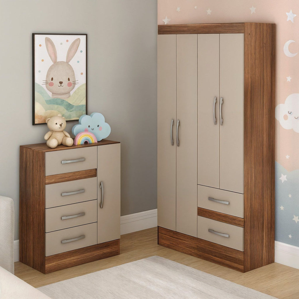 Quarto Infantil Completo Guarda-Roupa 4 Portas 2 Gavetas com Cômoda 4 Gavetas 1 Porta Ninho MDP Marrom/Castanho/Off White DiretoSim