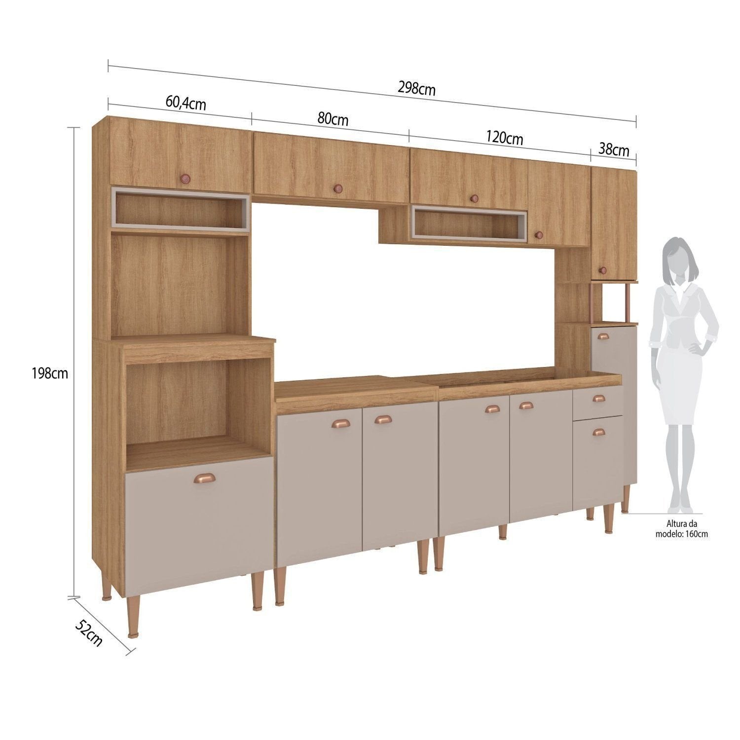Cozinha Completa Modulada 6 Peças com Paneleiro Torre Quente e Balcão para Pia sem Tampo Marti Yescasa Mel/Fendi Cinza