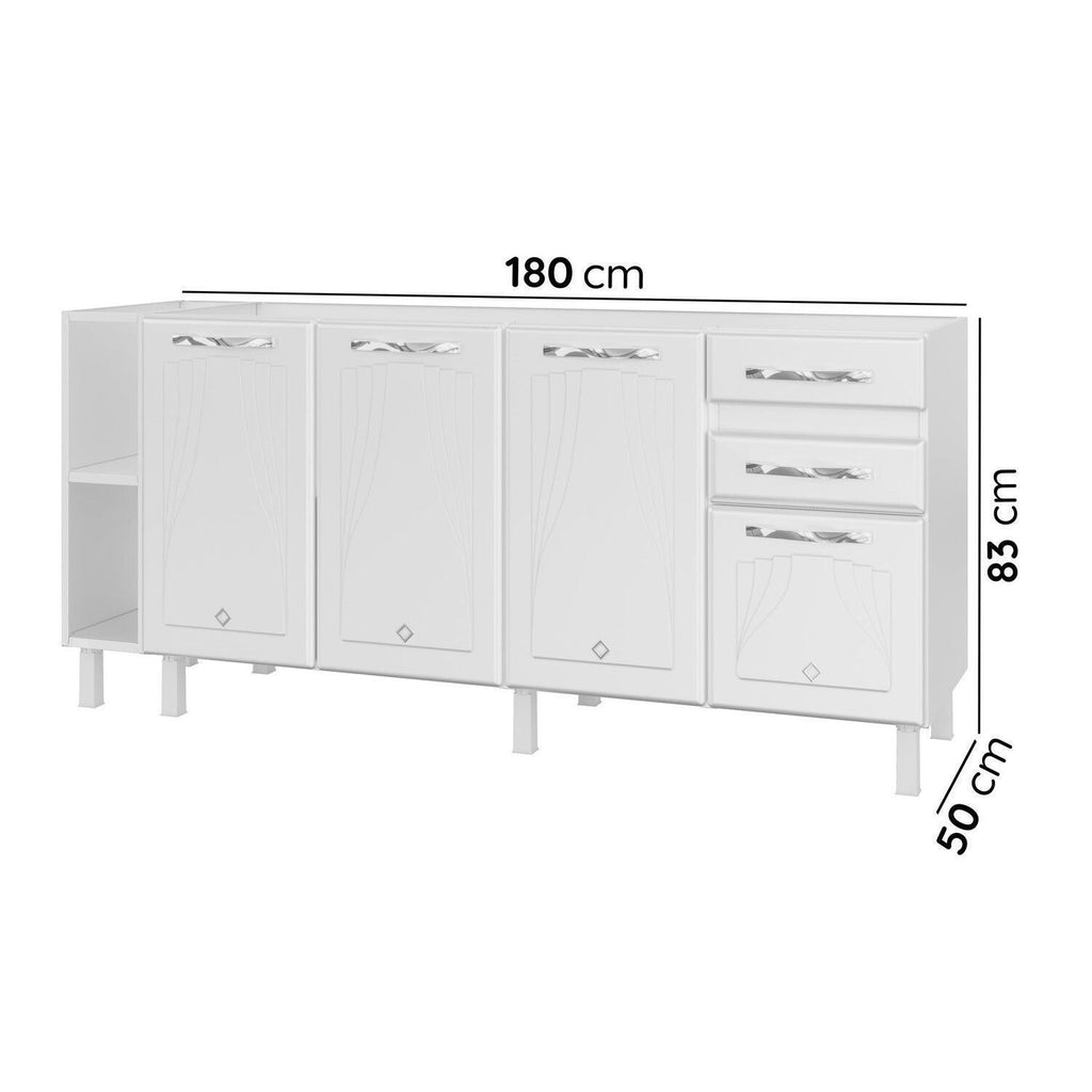 Balcão de Cozinha para Pia em Aço 4 Portas 2 Gavetas com Nichos 180cm Star New Telasul Branco