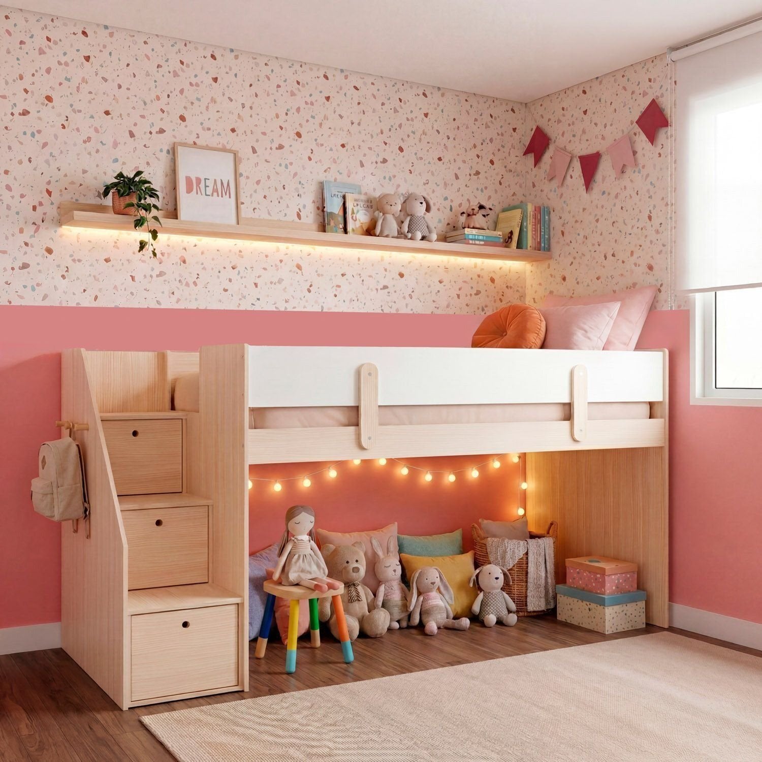 Cama Elevada Infantil com Escada e Gavetas Artsy MadeiraOriginals Casatema