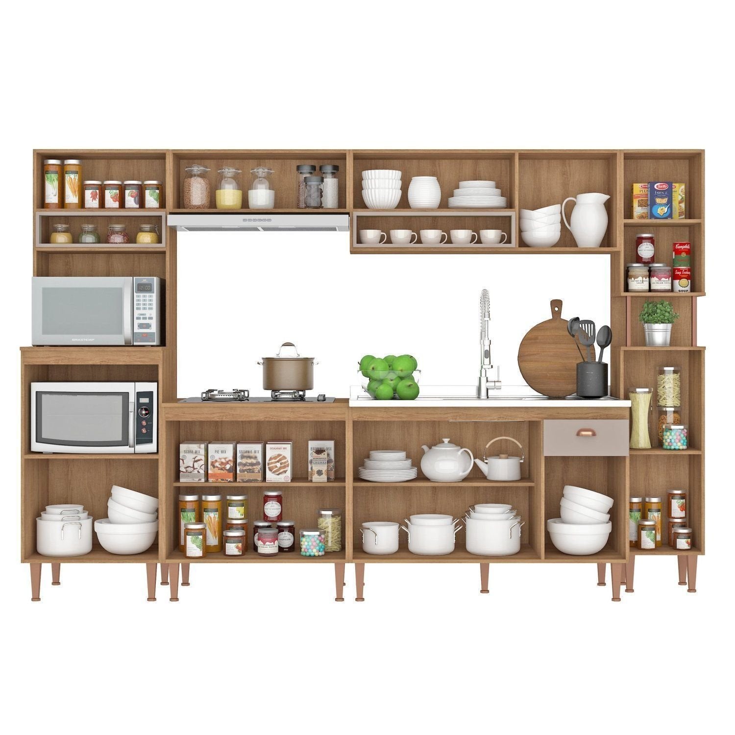 Cozinha Completa Modulada 6 Peças com Paneleiro Torre Quente e Balcão para Pia sem Tampo Marti Yescasa Mel/Fendi Cinza