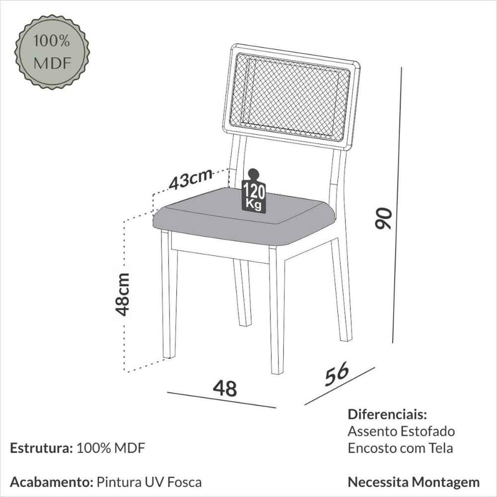 Conjunto de Jantar Mesa Redonda MDF 4 Cadeiras Tela Palha Freijó Off White Cesare Claro Dalla Costa