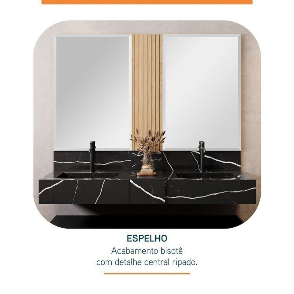 Conjunto para Banheiro Bancada Porcelanato Cuba Apoio Armário Espelho Ripy Bumi 120cm Amarelo/Wood/Travertino