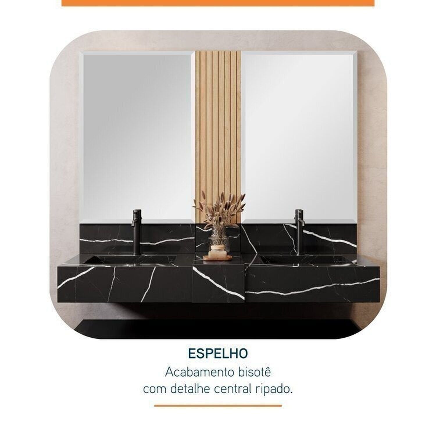 Conjunto para Banheiro Bancada Porcelanato Cuba Apoio Armário Espelho Ripy Bumi 120cm Amarelo/Wood/Travertino