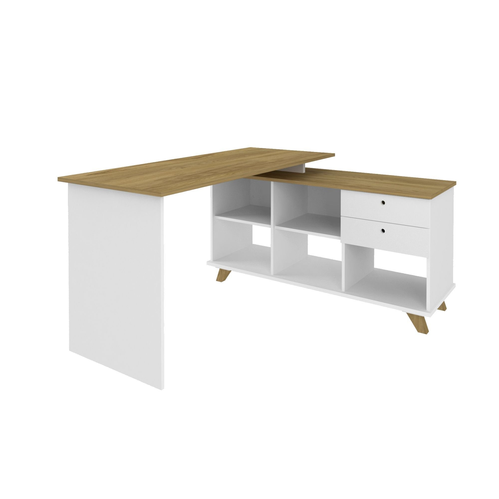 Escrivaninha Retrô em L Mesa Escritório e Home Office 2 Gavetas 5 Nichos 145cm Artany