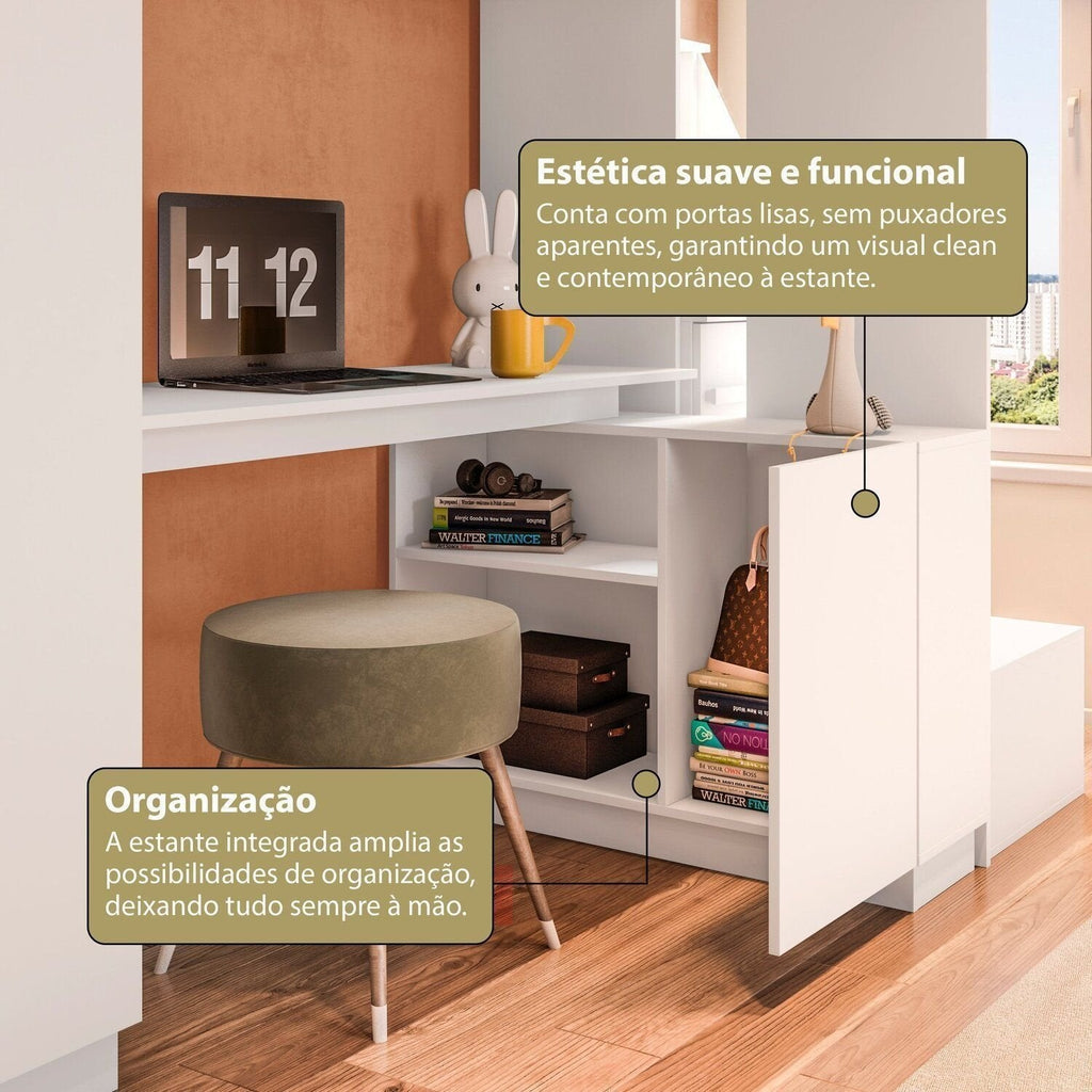 Cama Alta Beliche Office Infantil com Roupeiro e Escrivaninha Moon Yescasa Branco