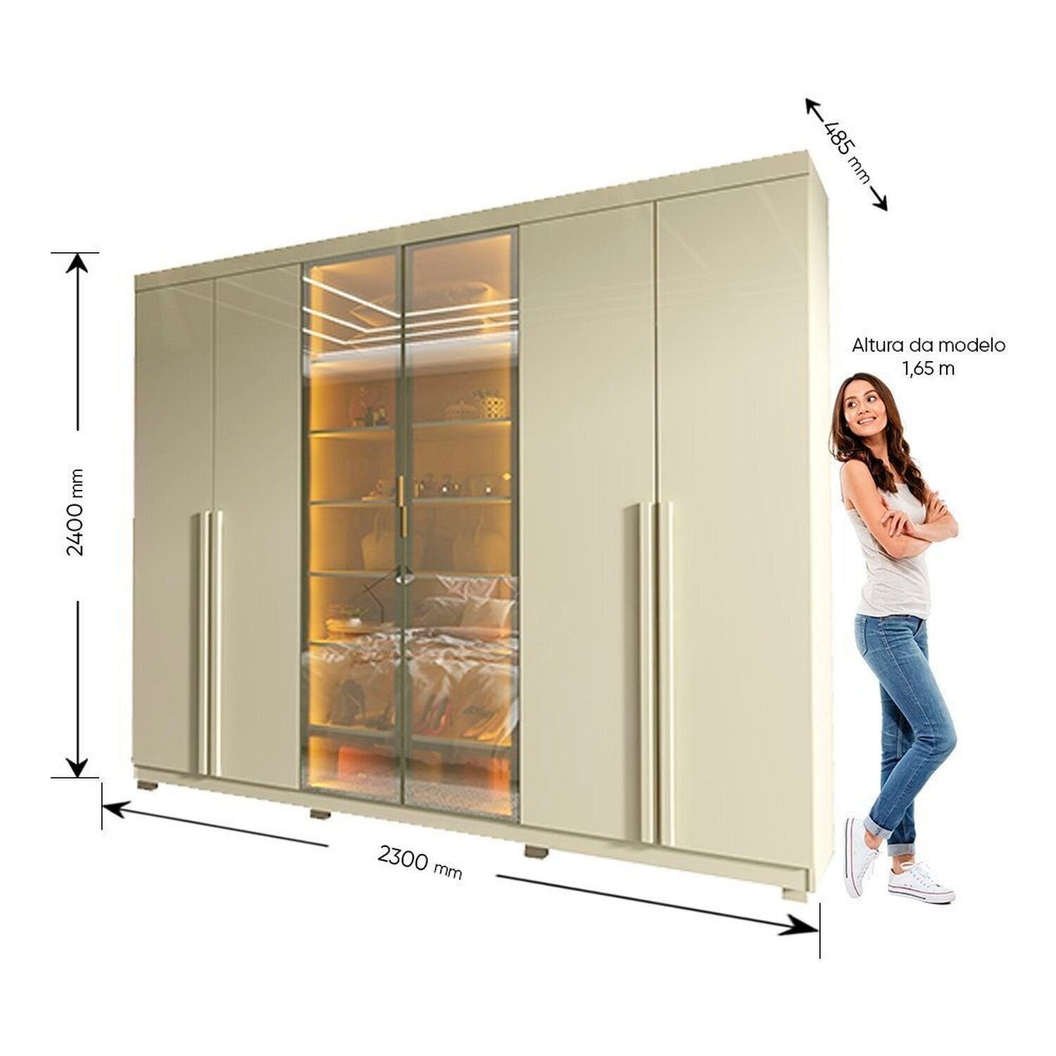 Guarda-Roupa Casal 6 Portas com Pés com LED Imperatriz Reflecta 100% MDF Yescasa Off White