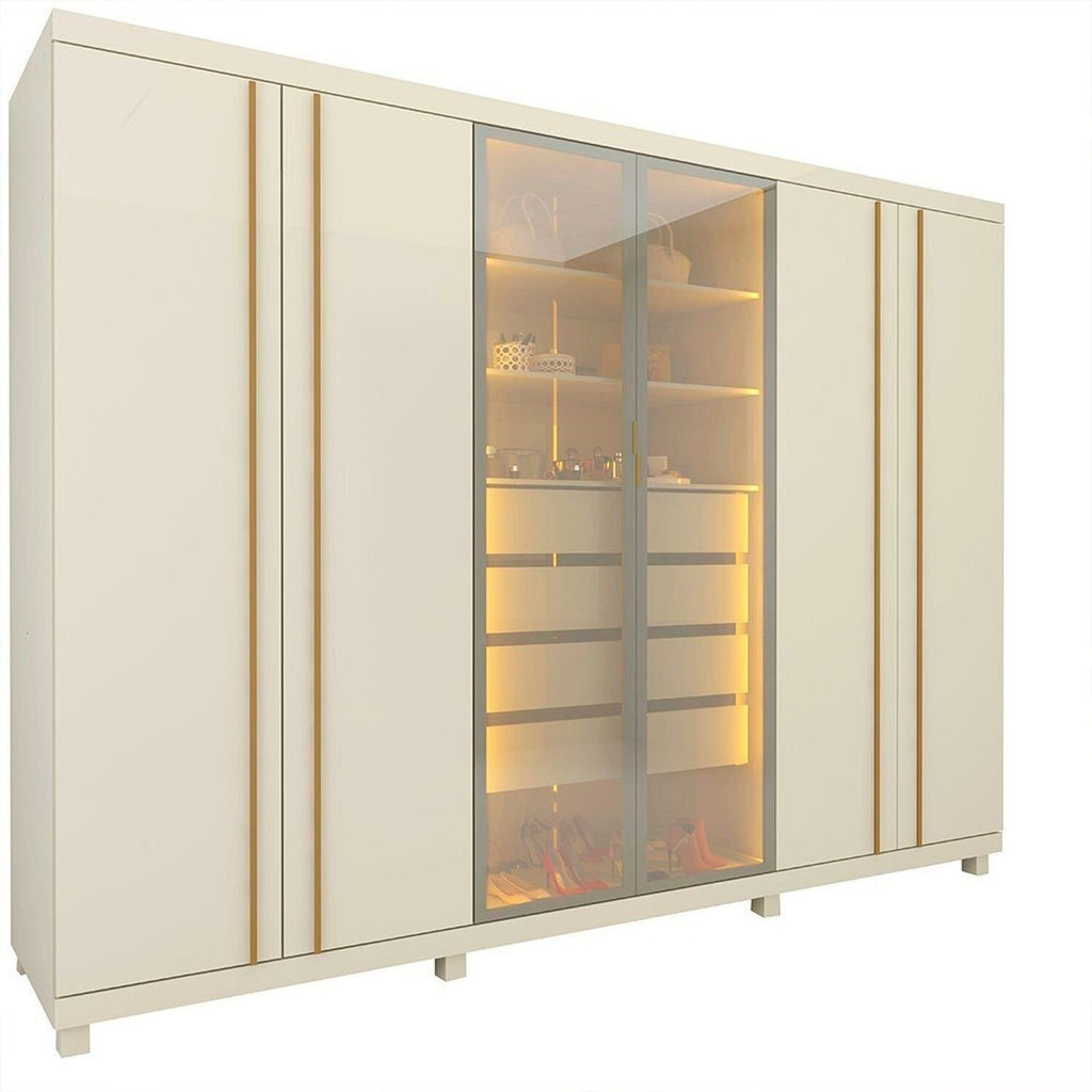 Guarda-Roupa Casal 6 Portas com Pés e LED Absolut New Reflecta 100% MDF Off White Gelius Móveis