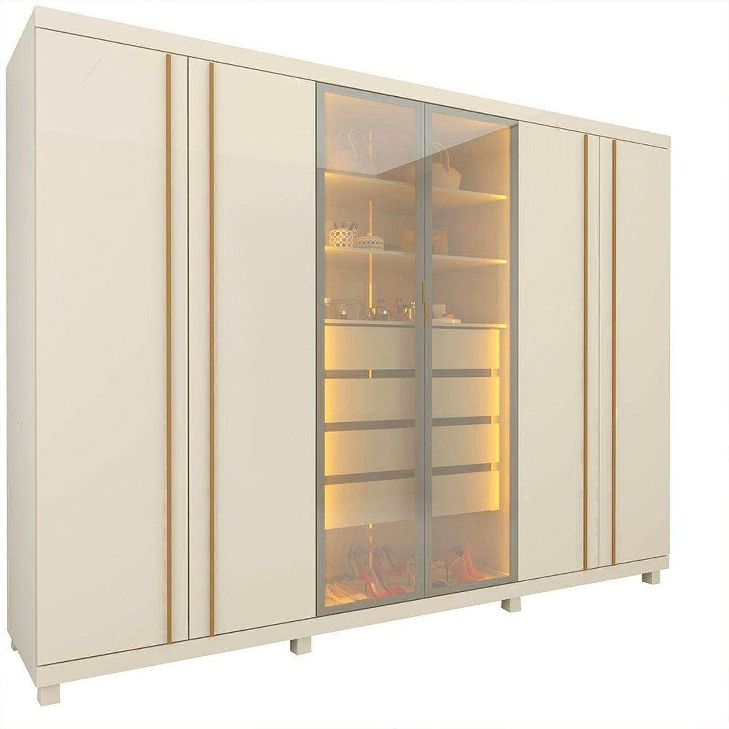 Guarda-Roupa Casal 6 Portas com Pés e LED Absolut New Reflecta Gelius Móveis 100% MDF Off White