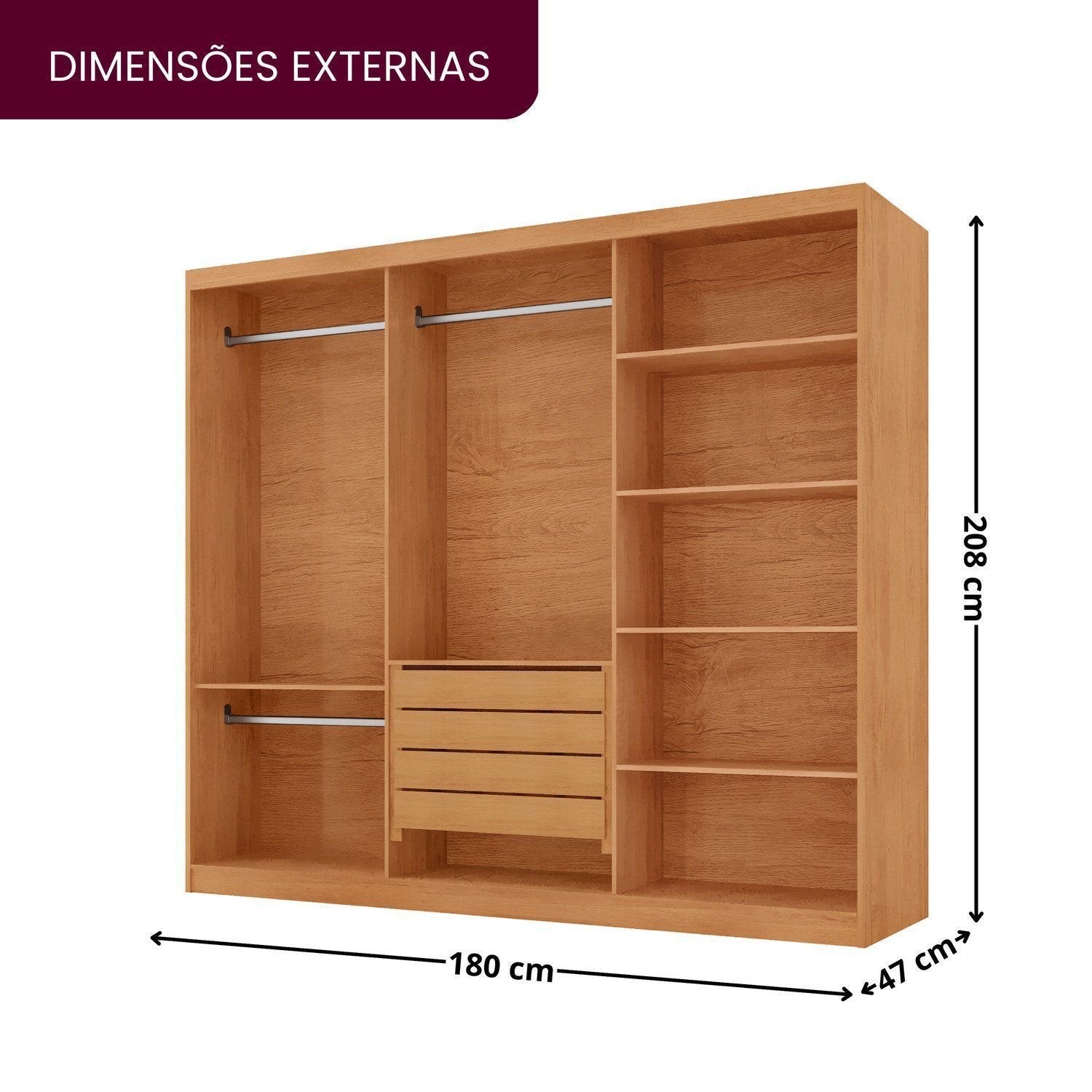 Guarda-Roupa Casal 100% MDF 3 Portas de Correr 4 Gavetas 6 Prateleiras com Espelho Chile Rufato Off White/Marrom