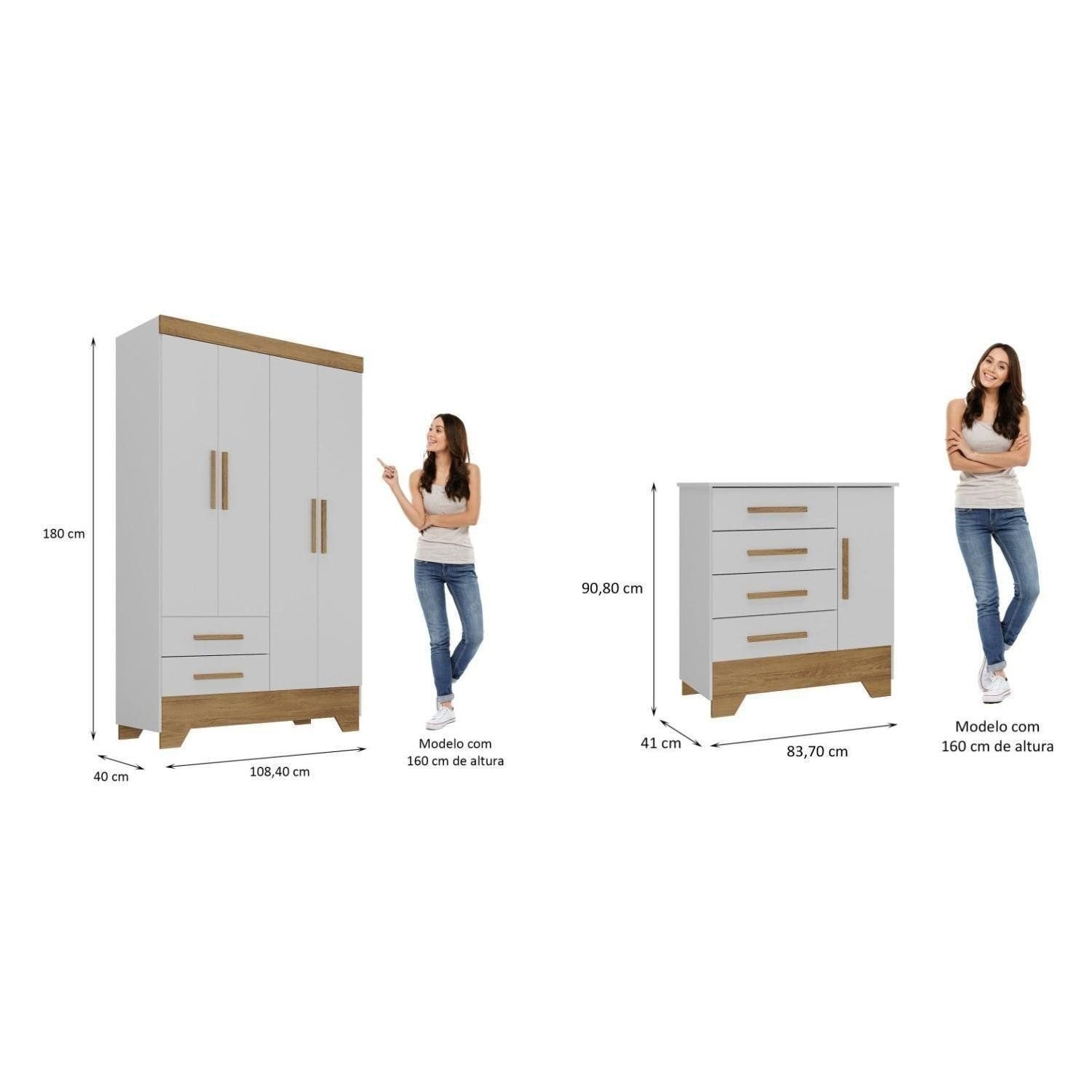 Quarto Infantil Completo Guarda-Roupa 4 Portas 2 Gavetas com Cômoda Liz Espresso Móveis