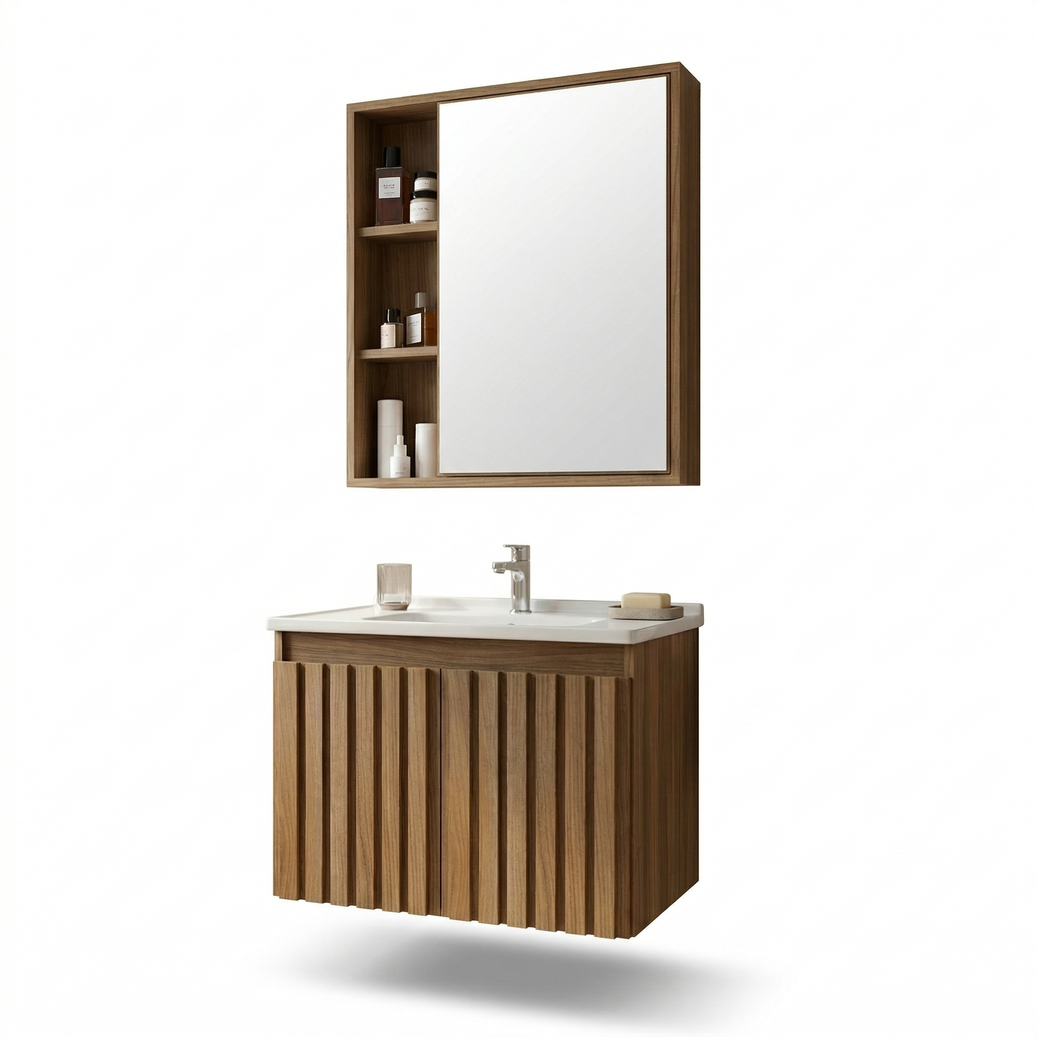 Conjunto de Banheiro Belizze Alpes 60cm Suspenso Cuba e Espelheira Noce