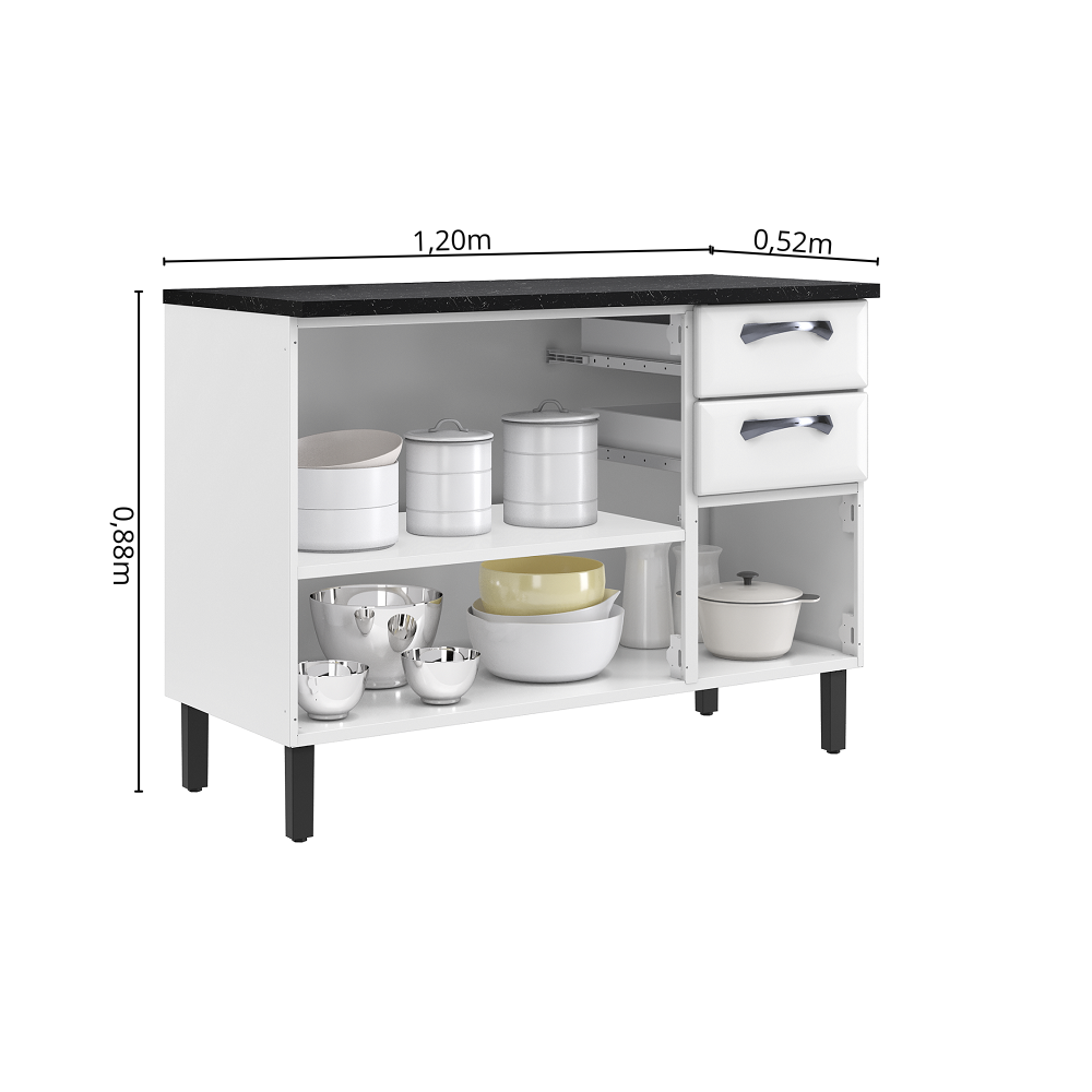 Balcão Cozinha em Aço 3 Portas 2 Gavetas 120cm com Tampo New Premium Itatiaia Branco/Nero Marquina