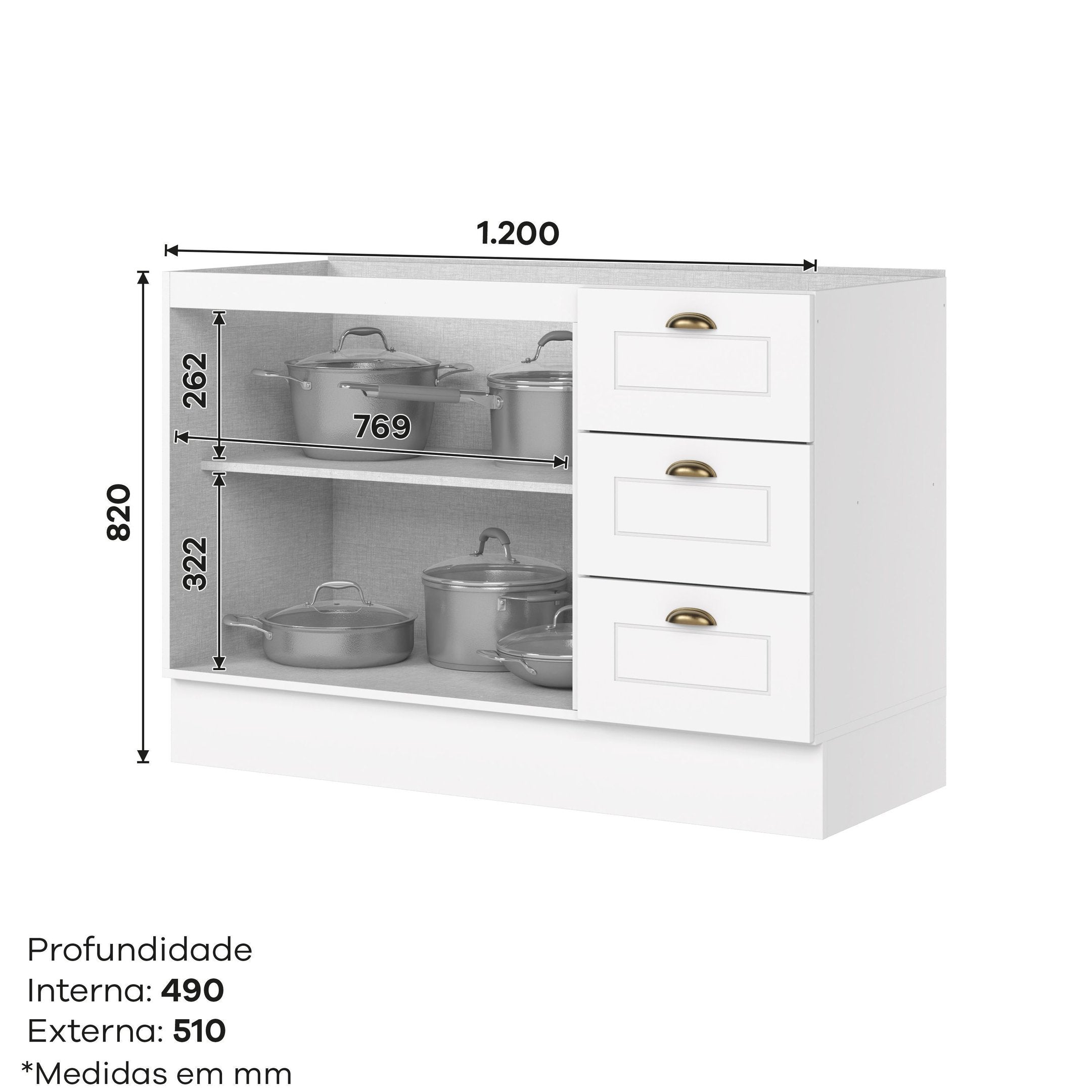 Balcão Pia 3 Gavetas 2 Portas 120cm 100% MDF Americana Henn Branco