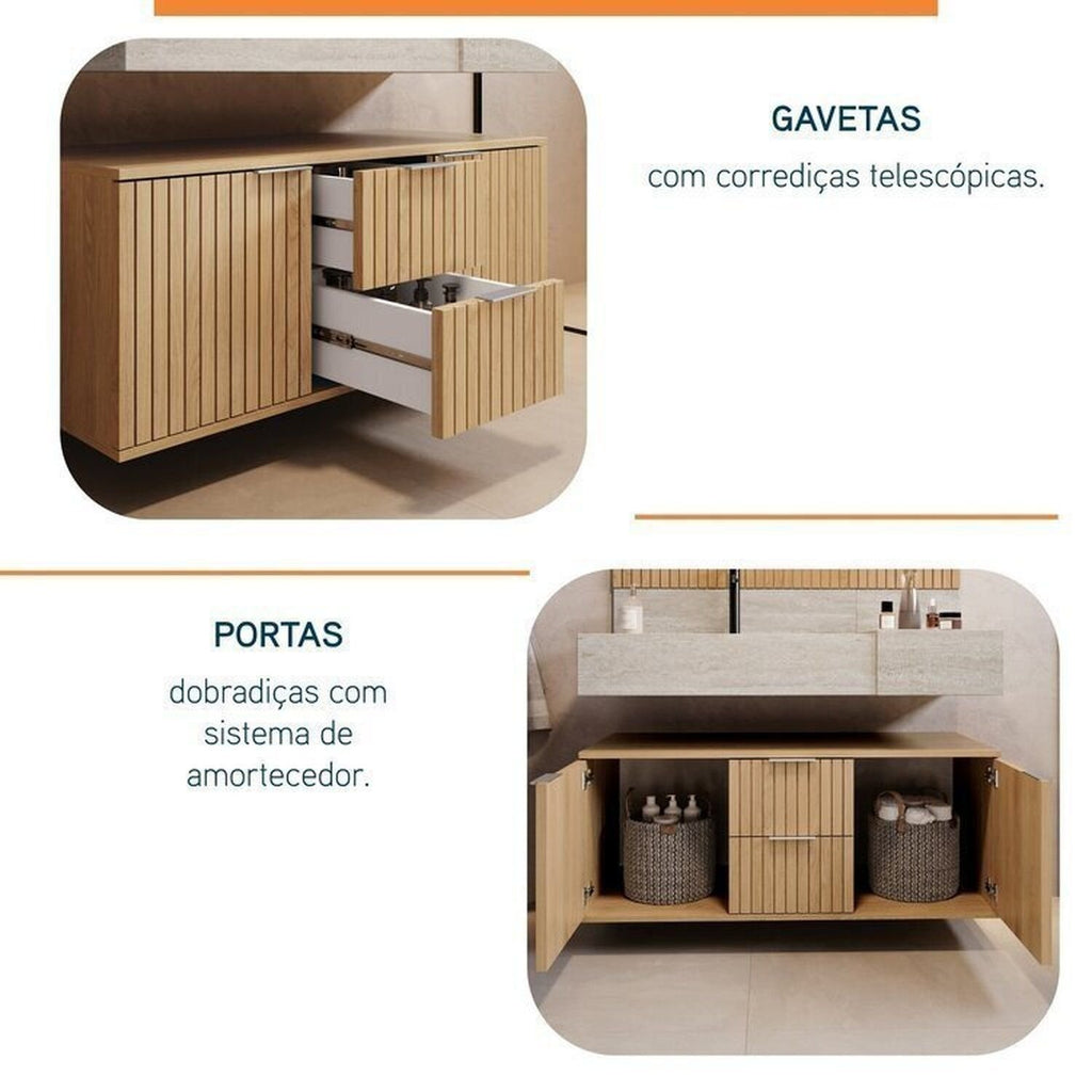 Conjunto para Banheiro Bancada Porcelanato Cuba Esculpida Armário Espelho Ripy Bumi 100cm Amarelo/Wood