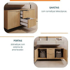 Conjunto para Banheiro Bancada Porcelanato Cuba Esculpida Armário Espelho Ripy Bumi 100cm Amarelo/Wood