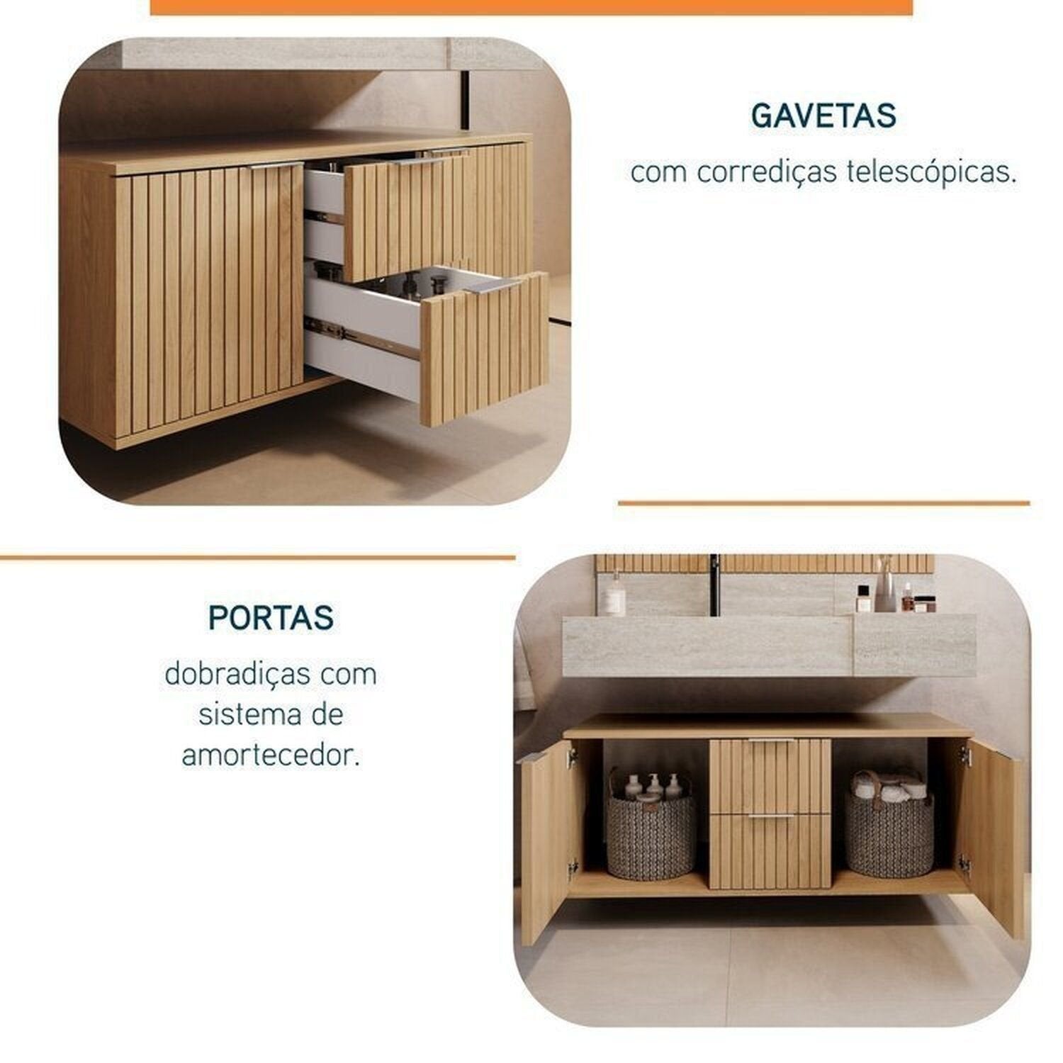 Conjunto para Banheiro Bancada Porcelanato Cuba Esculpida Armário Espelho Ripy Bumi 100cm Amarelo/Wood