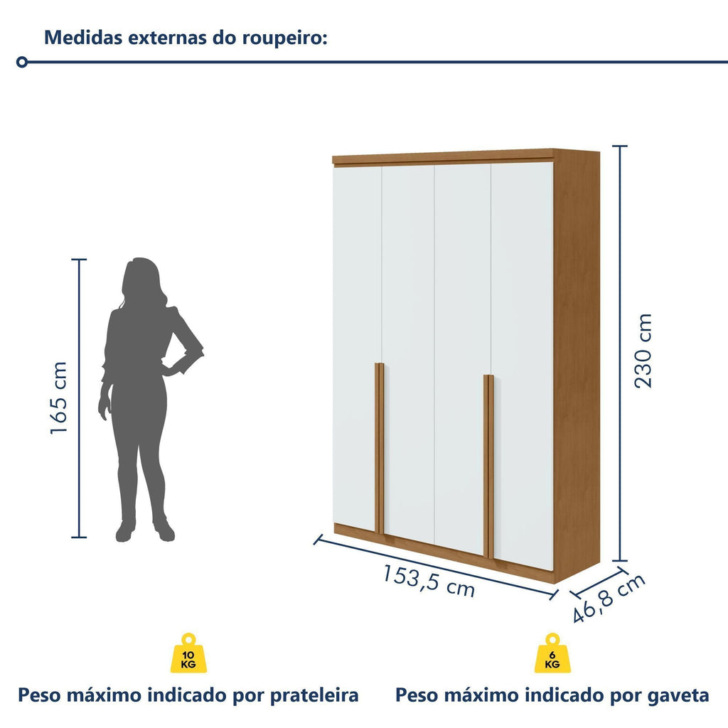 Guarda-Roupa Solteiro 4 Portas 2 Gavetas Alonzo Móveis Lopas 100% MDF Marrom Amêndoa Clean/Branco