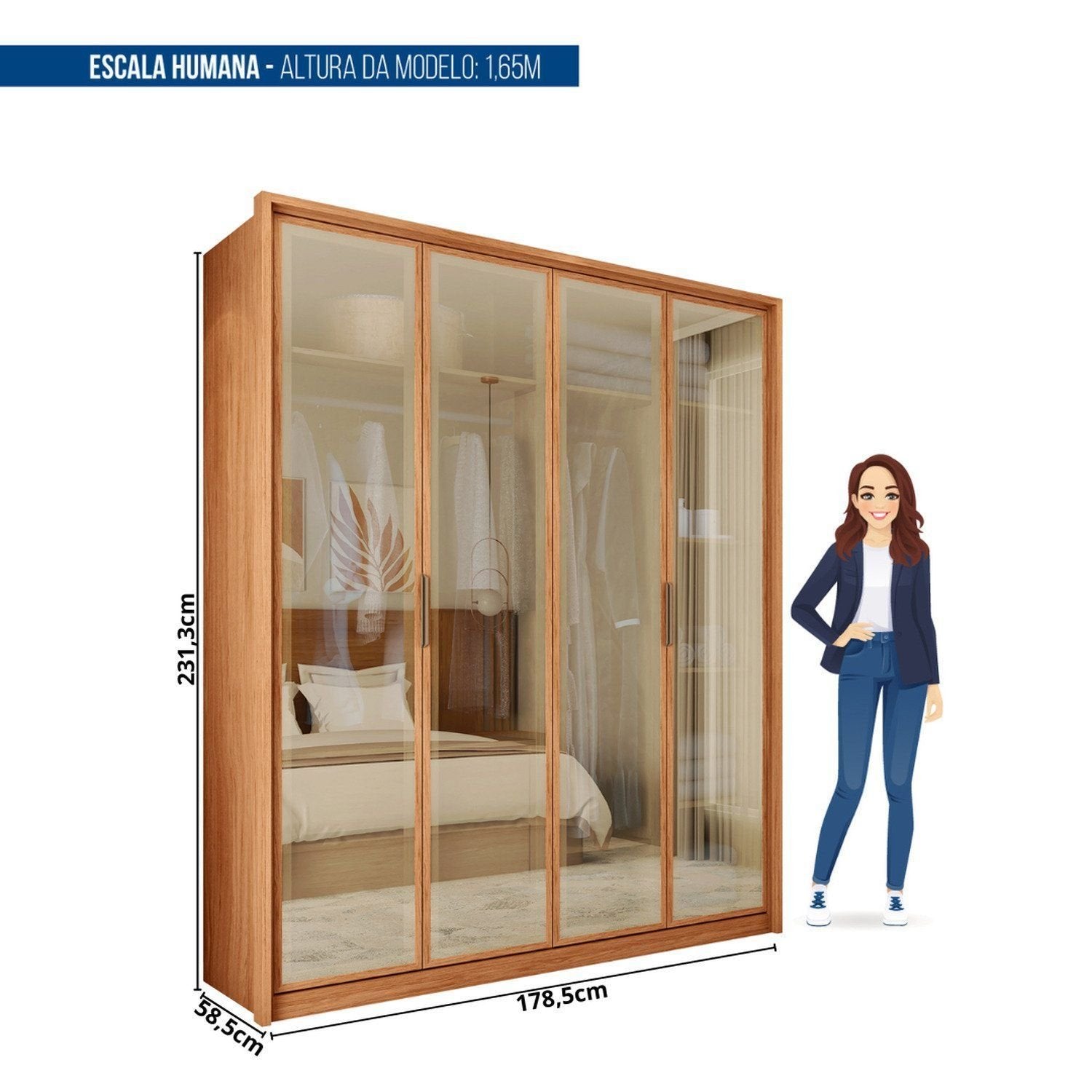 Guarda-Roupa 4 Portas Reflecta 3 Gavetas 100% MDF Freijó New Reflex Caemmun