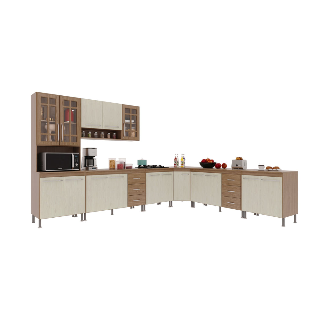Cozinha Completa Fidelitá Paris 7 Peças 600cm 16 Portas 6 Gavetas com Tampo Nogal/Salinas 600x53x204,5cm