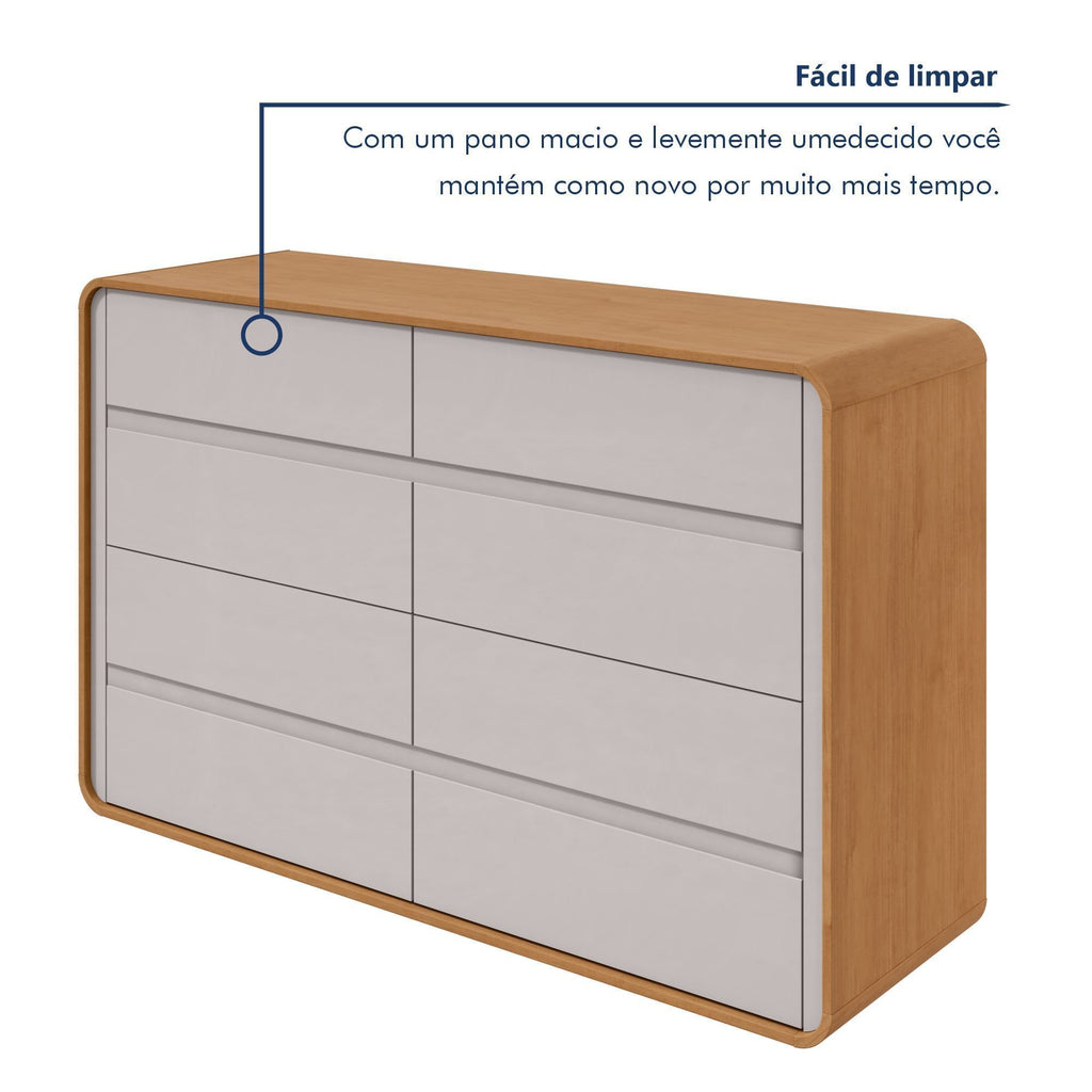 Cômoda para Quarto 8 Gavetas Puxador Embutido Loop 152cm Bege Amêndoa Clean/Off White