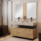Conjunto para Banheiro Bancada em Porcelanato com Cuba Esculpida, Armário e Espelho Ripy Bumi 120cm Amarelo/Wood/Travertino