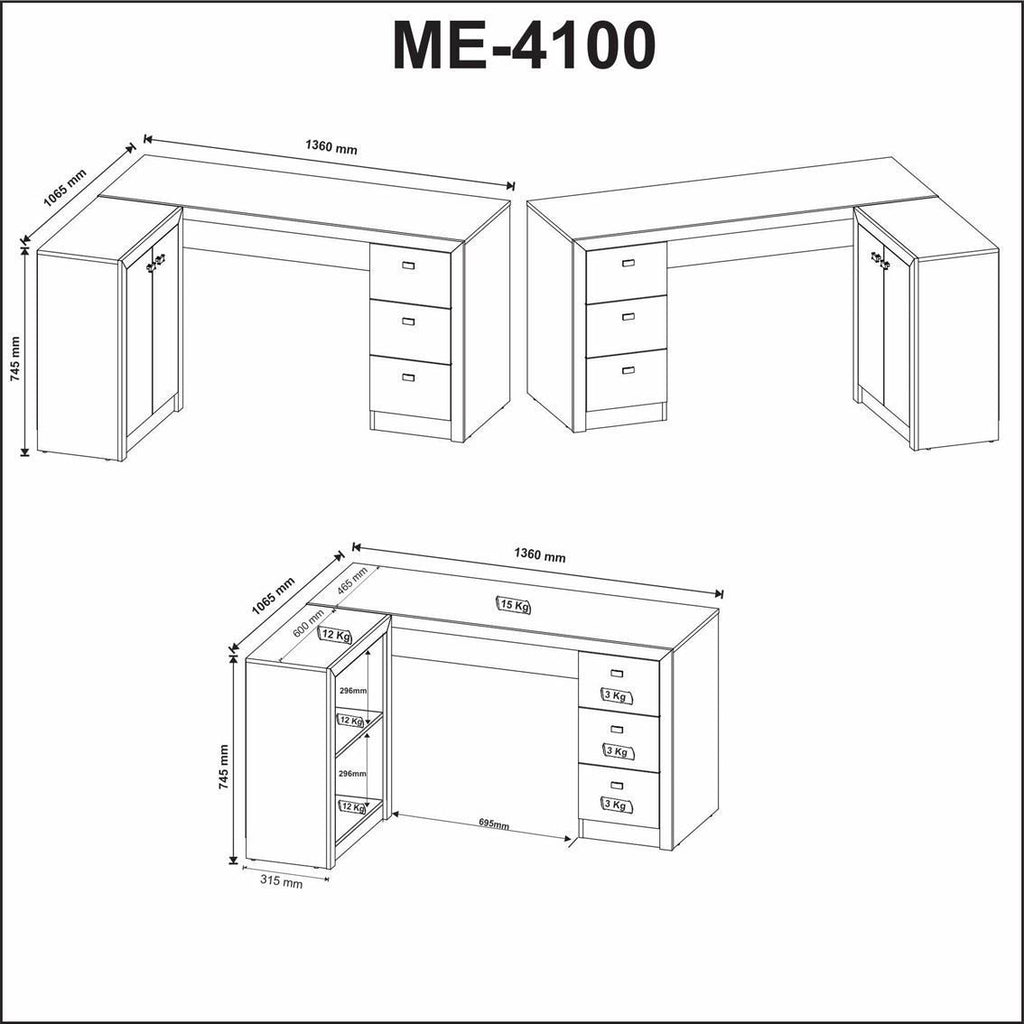 Escrivaninha Mesa Escritório em L com Armários ME4100 3 Gavetas 136cm Tecno Mobili