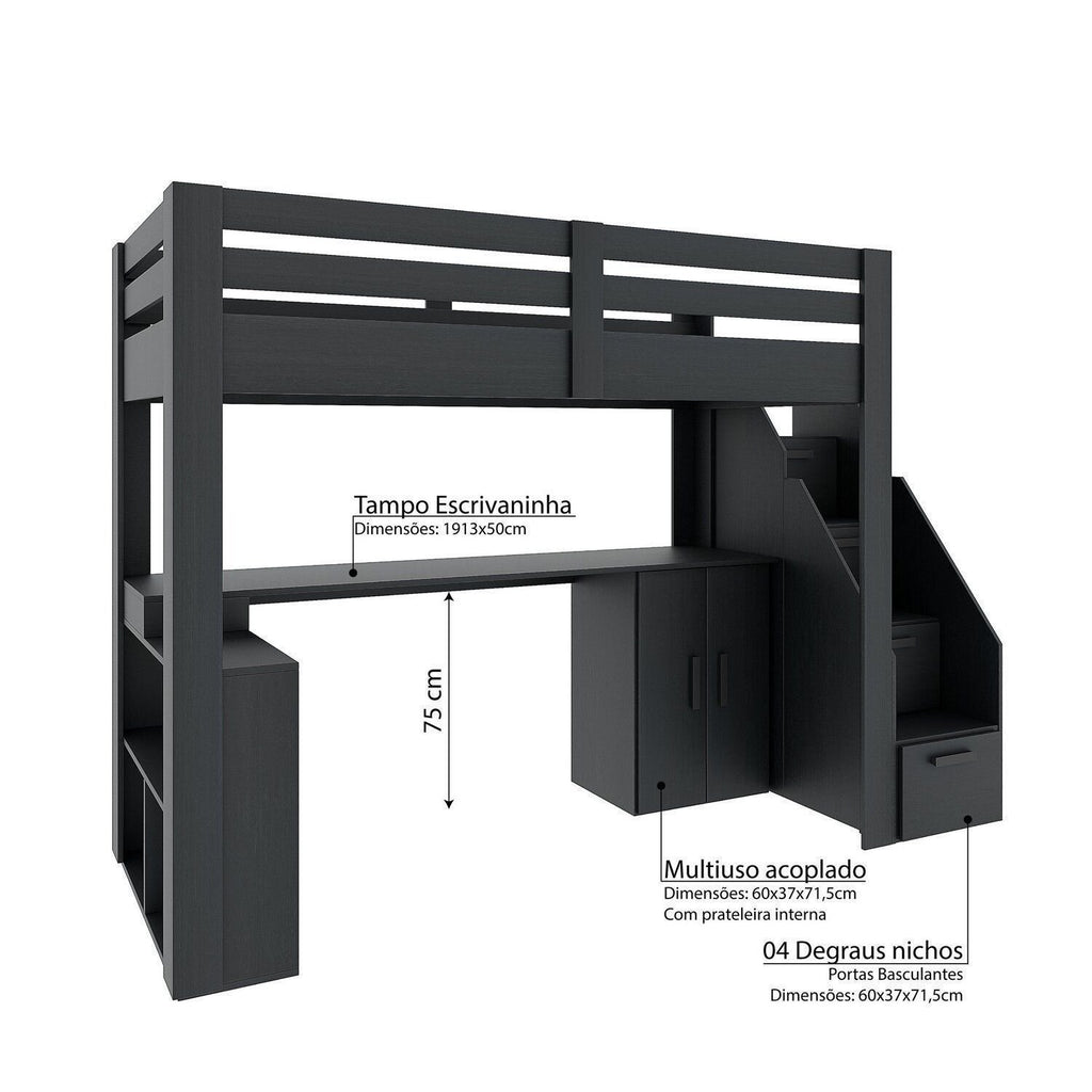 Cama Office Multifuncional Solteiro Adulto Star Plus Casatema MadeiraOriginals Preto