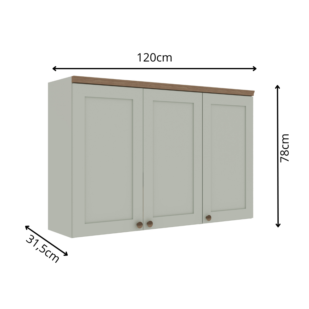 Armário Aéreo para Cozinha 3 Portas Provençal 120cm Genialflex Verde/Mint