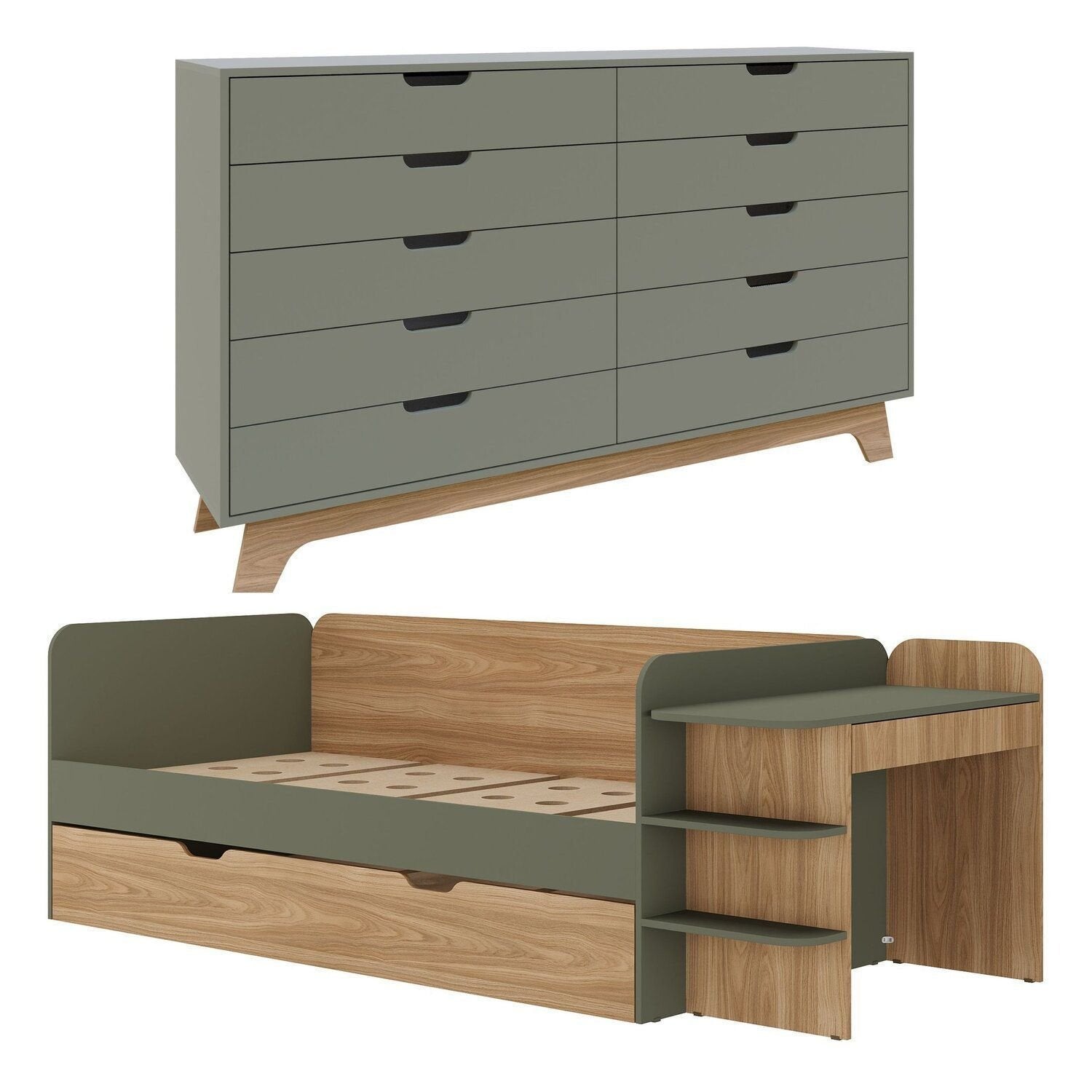 Quarto Infantil Completo com Cama de Solteiro 3 em 1 e Cômoda 10 Gavetas em MDF Premium Helena e Alice FD