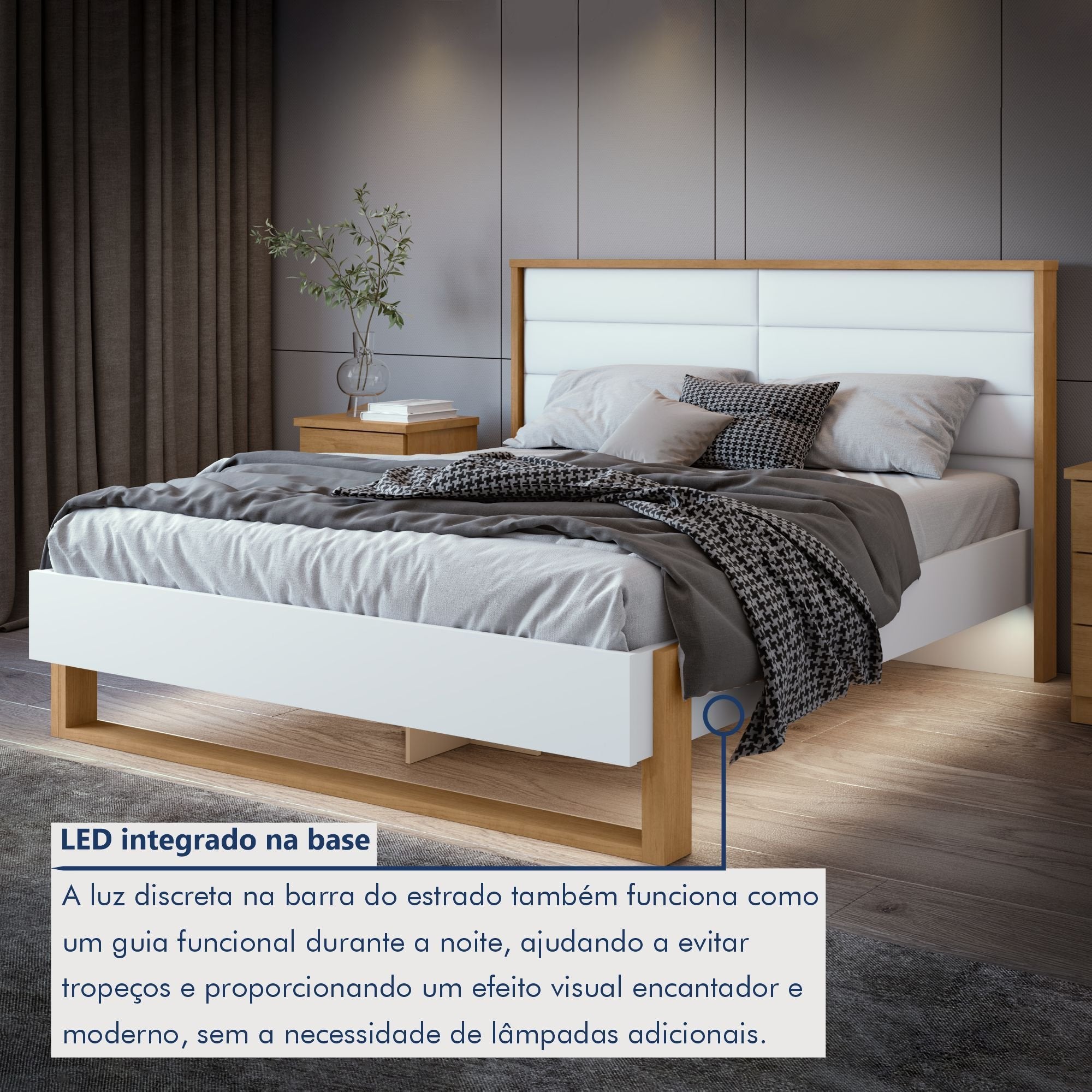 Cama Queen com LED e Pés Flutuantes Freetown Móveis Lopas Marrom Amêndoa Clean/Branco