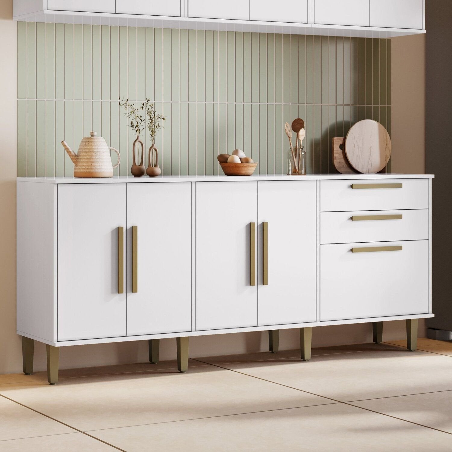 Balcão de Cozinha 5 Portas 2 Gavetas 178,4cm Lorena Kaiki Móveis Branco