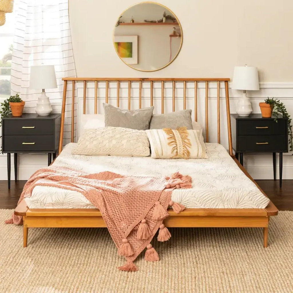 Cama de Casal Lunna Madeira Maciça Empório Paraíso Bege/Caramelo