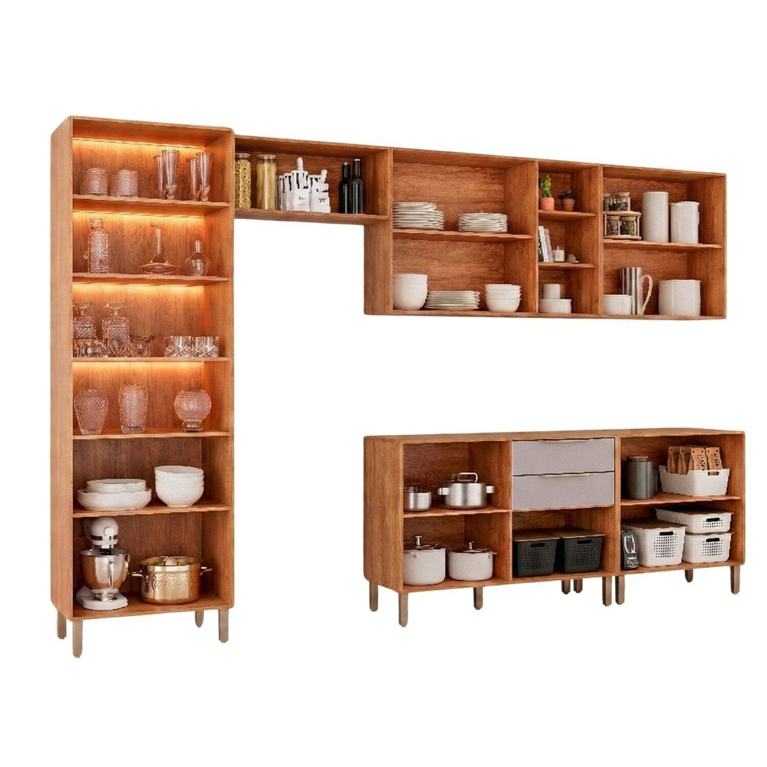 Cozinha Modulada 6 Peças Brilhante Cristaleira 2 Balcões 3 Armários Aéreos Bege/Cinamomo/Platina
