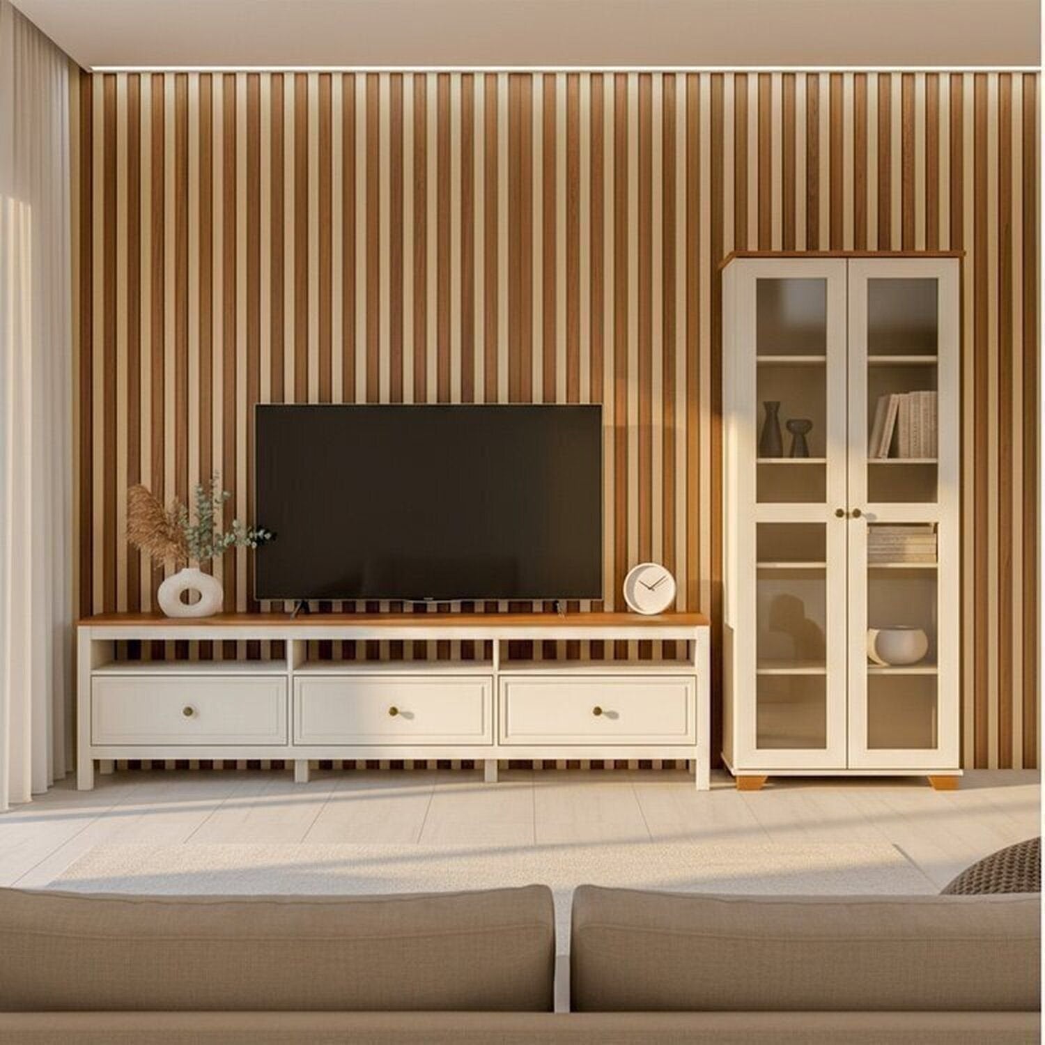 Conjunto Sala de Estar Ananda Rack e Cristaleira Madeira Maciça Off White/Mel CabeCasa MadeiraMadeira