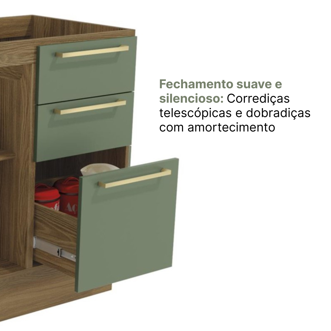 Cozinha Completa Botanic Kappesberg 7 Peças Torre Quente Paneleiro Balcão Nogueira/Verde Oliva 410x222x52cm