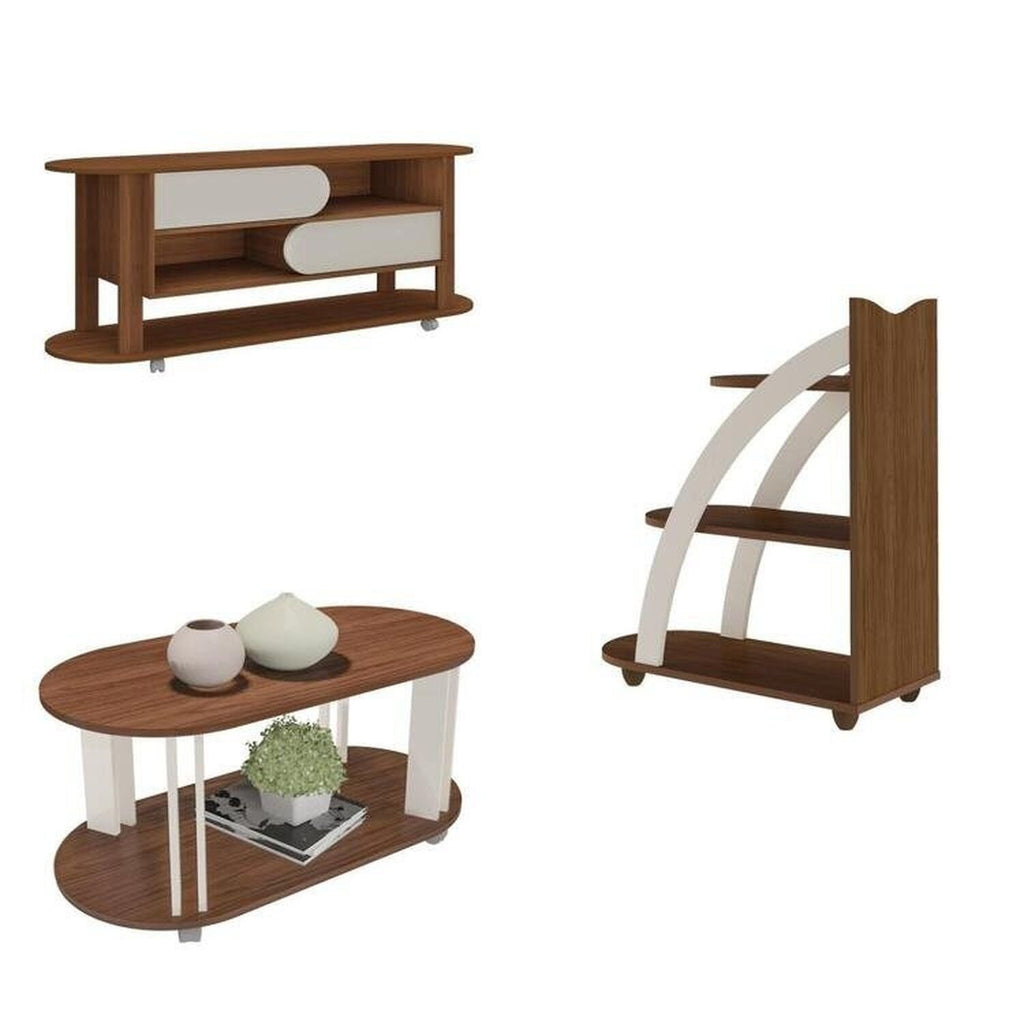 Kit Sala de Estar Rack Mesa Centro e Apoio Mundi Andes Espresso Móveis Cedro/Off White
