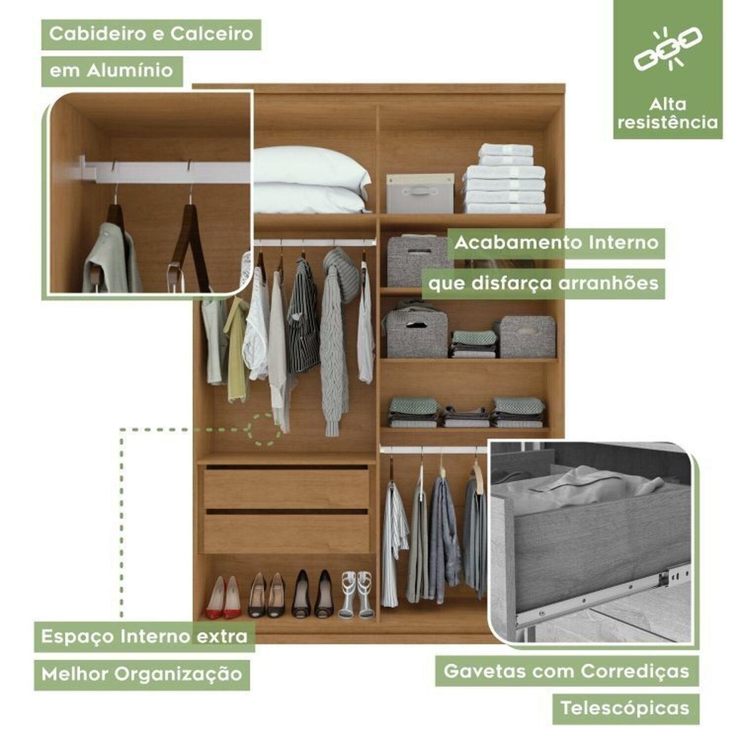 Kit Quarto Infantil com Guarda-Roupa 4 Portas e Cama de Solteiro Marrom Amêndoa Clean Móveis Lopas