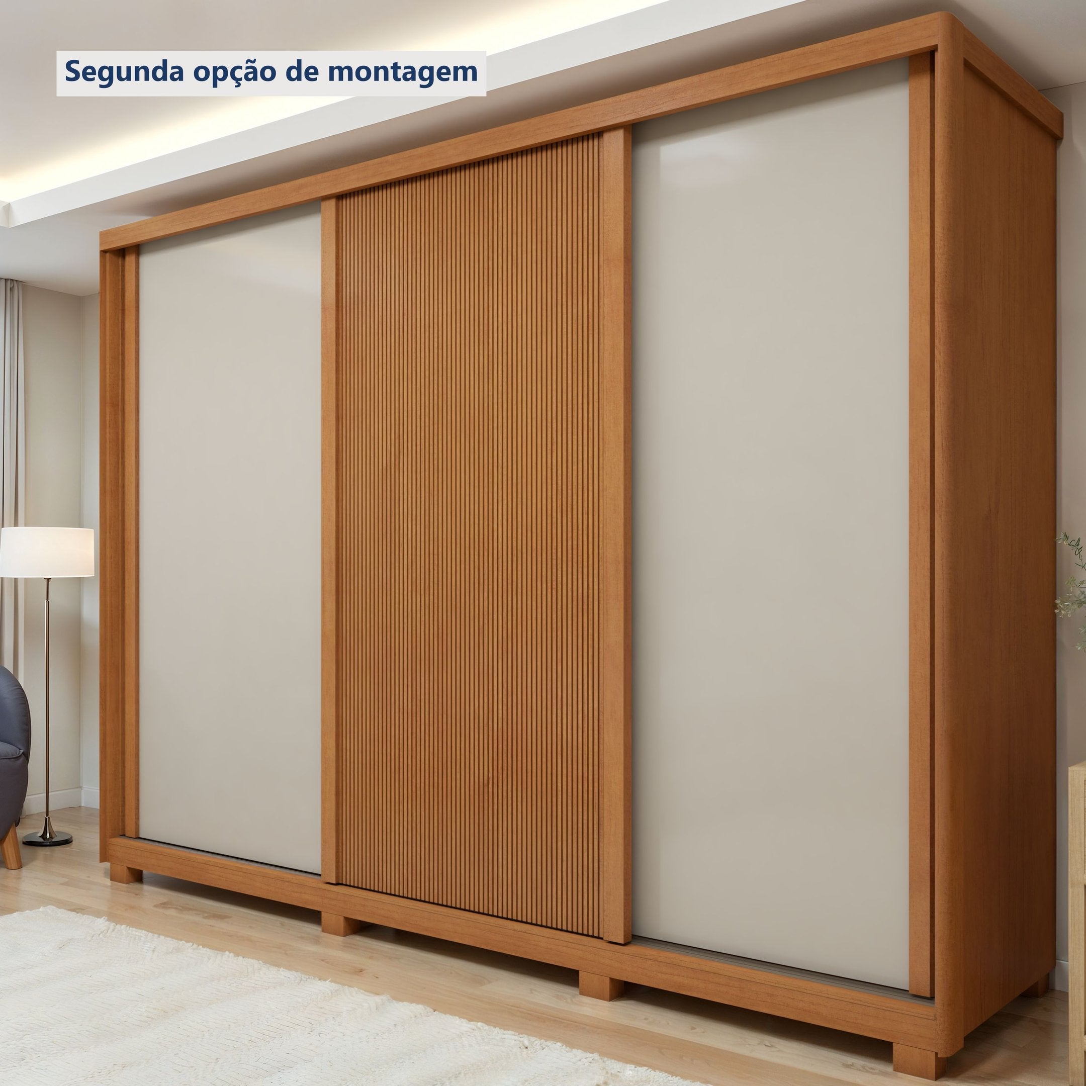 Guarda-Roupa Casal 3 Portas 6 Gavetas com Pés Ollie Yescasa 100% MDF Marrom Amêndoa Clean/Off White