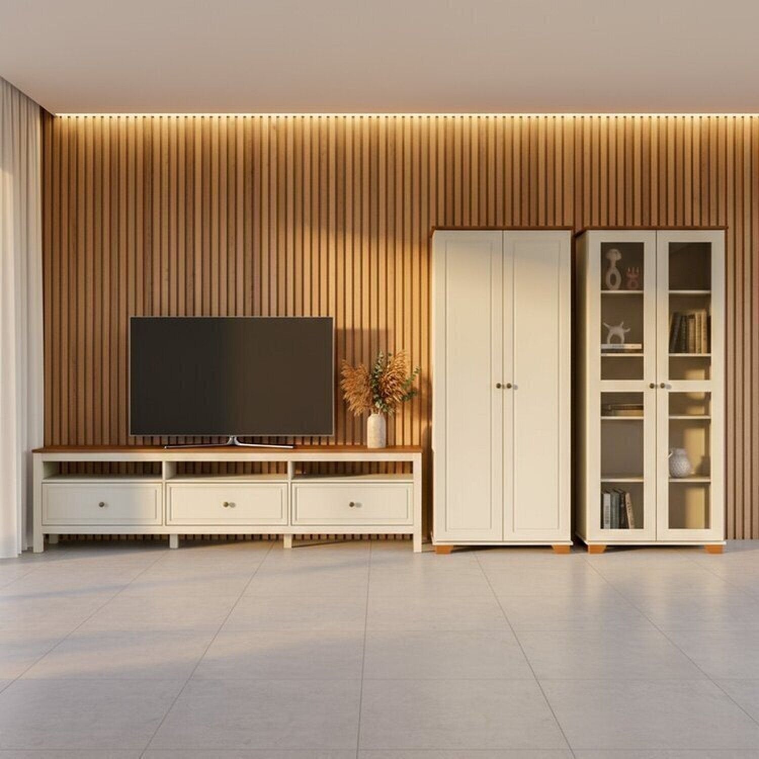 Conjunto Sala de Estar 3 Peças com Rack, Armário e Estante Ananda CabeCasa MadeiraOriginals Branco Off White/Mel