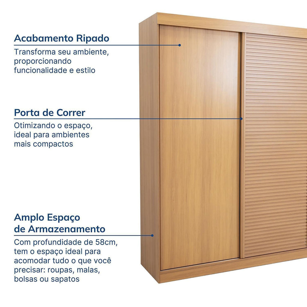 Guarda-Roupa Casal 3 Portas de Correr Samambaia CabeCasa MadeiraOriginals Carvalho